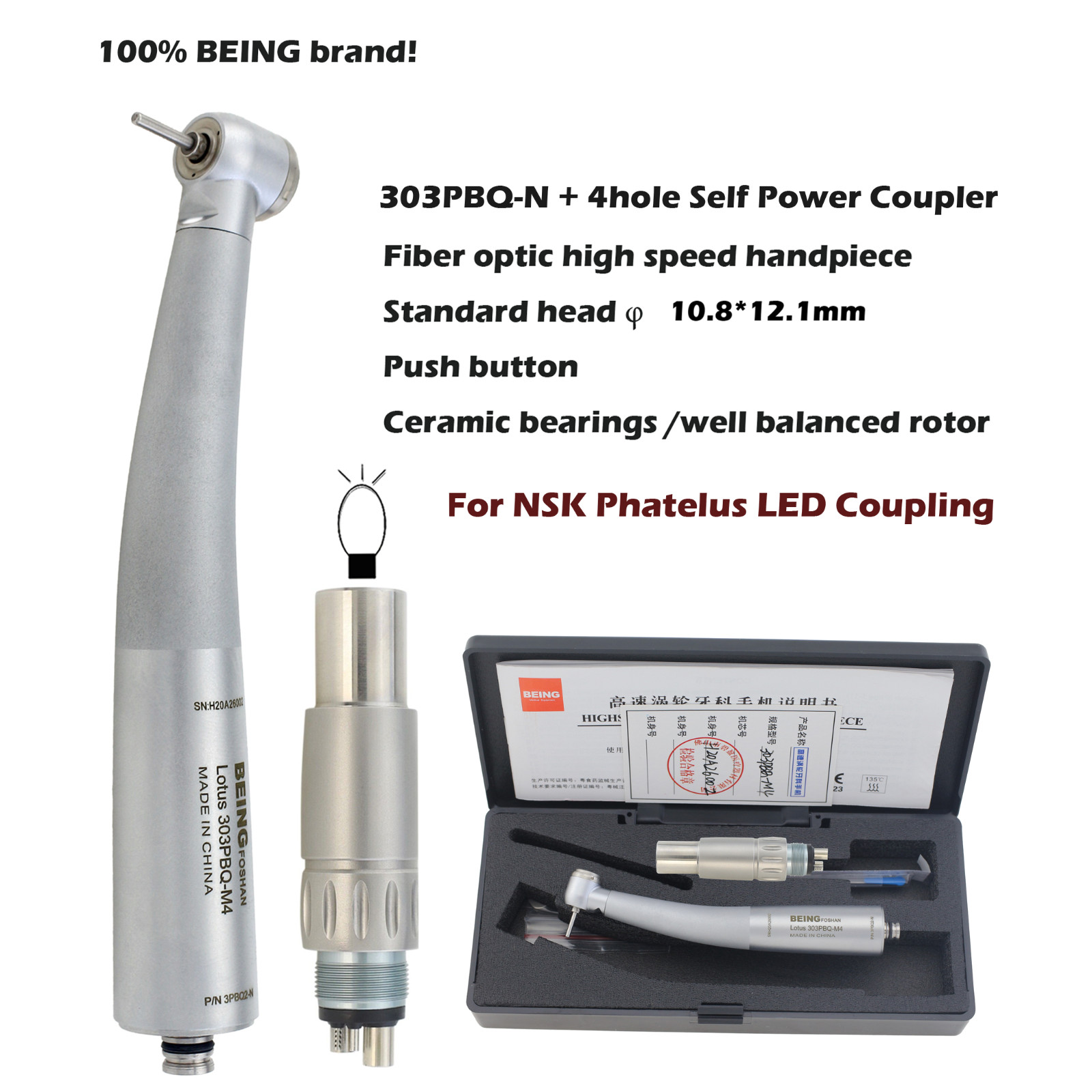 BEING Dental High Speed Handpiece Fiber Optic 45 Degree Surgical NSK Coupler LED