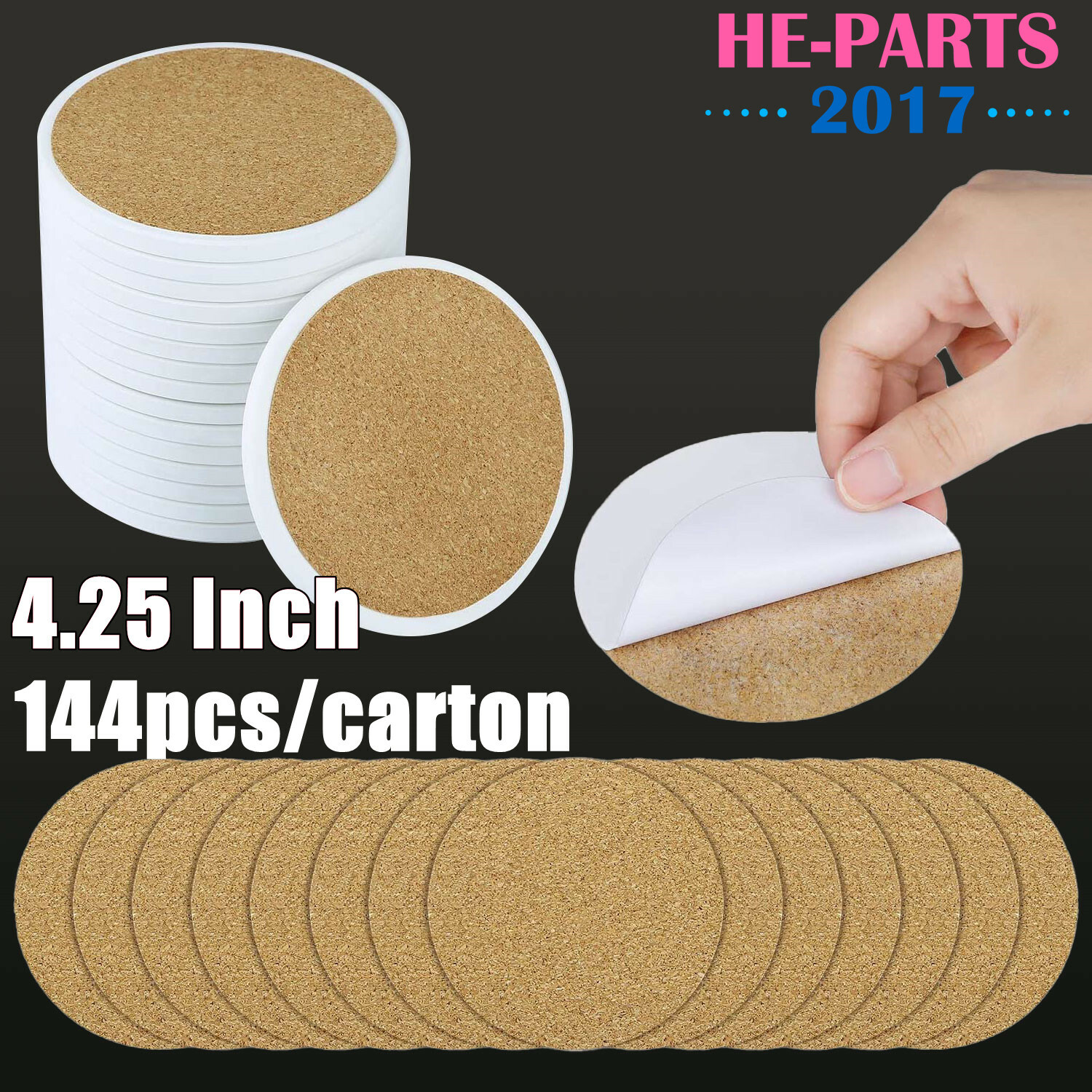 144 Pack Sublimation 4.25″ Round Matte Ceramic Coasters with Non-Slip Cork