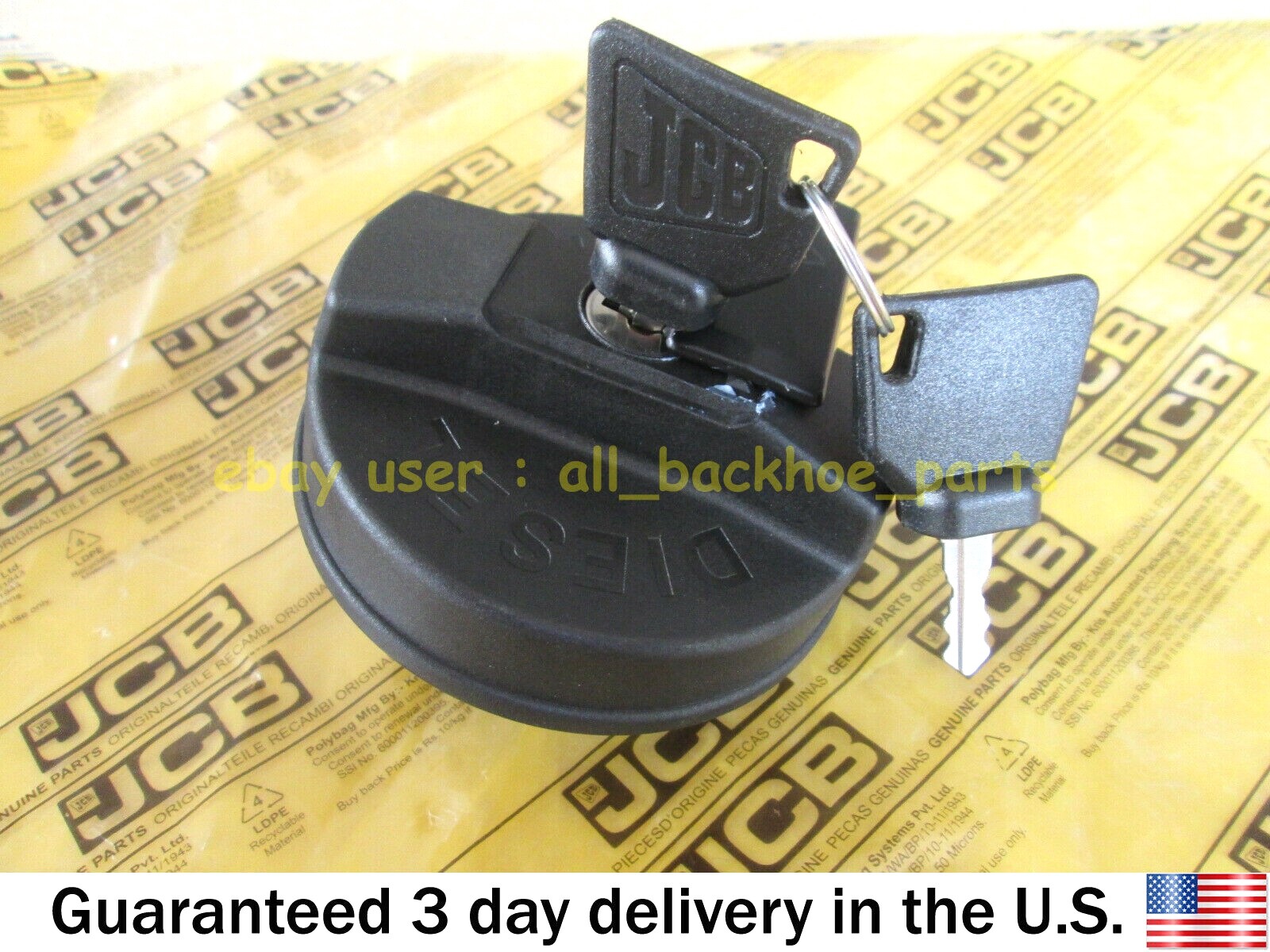 JCB BACKHOE- GENUINE JCB DIESEL FILLER CAP W. 2 KEYS (PART# 332/F4780 331/11403)