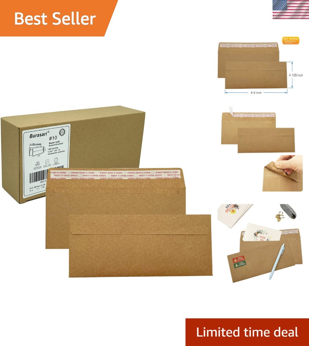 Flat Rectangular Brown Kraft Envelopes 4.125×9.5 Inches for Business – 80 Count