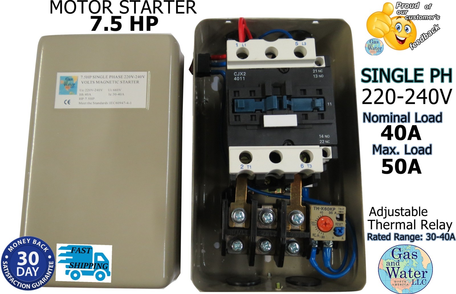 G&W 7.5 HP Magnetic Electric Starter Motor Control Single Phase 220/240V 30-40A