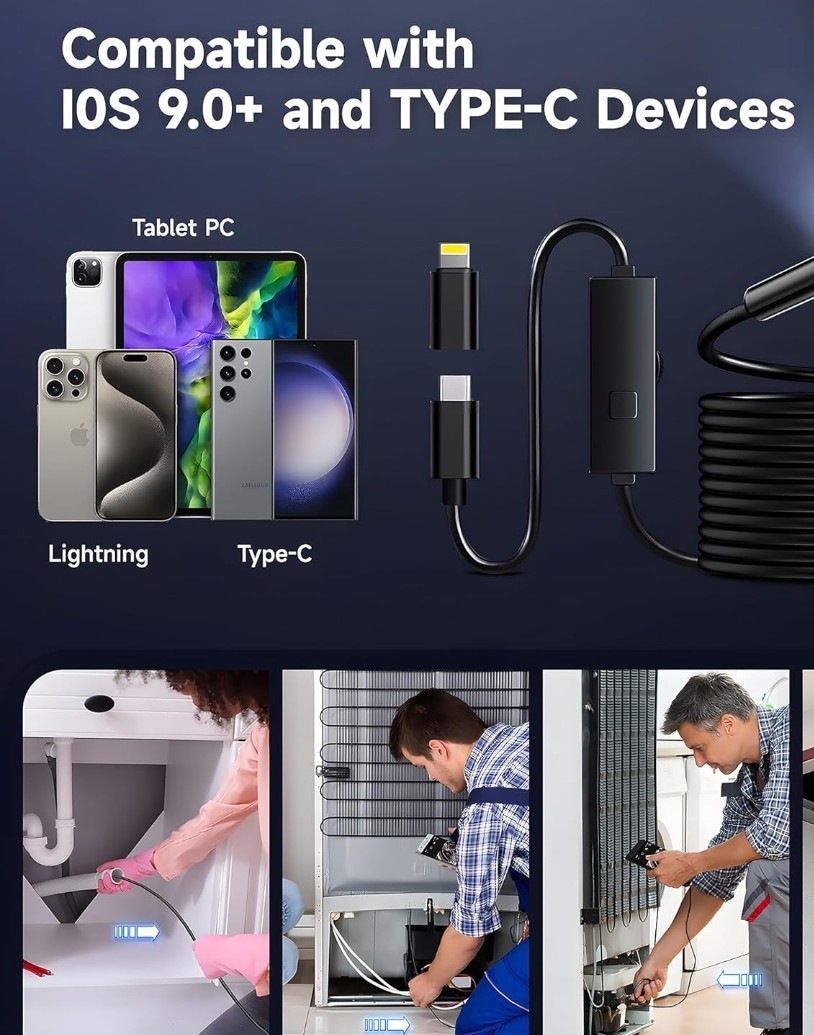 Elecshion Semi-Rigid USB Endoscope Dual Lens 7.9mm IP67 LED Android Apple