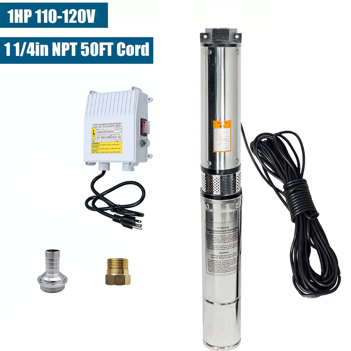 1HP Deep Well Submersible Pump 4» OD 110V 33GPM 300ft Stainless Steel 50′ Cord