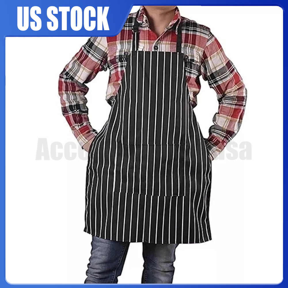 1Pc Kitchen Aprons Striped Cooking Chef Adjustable Bib Apron with 2 Pockets
