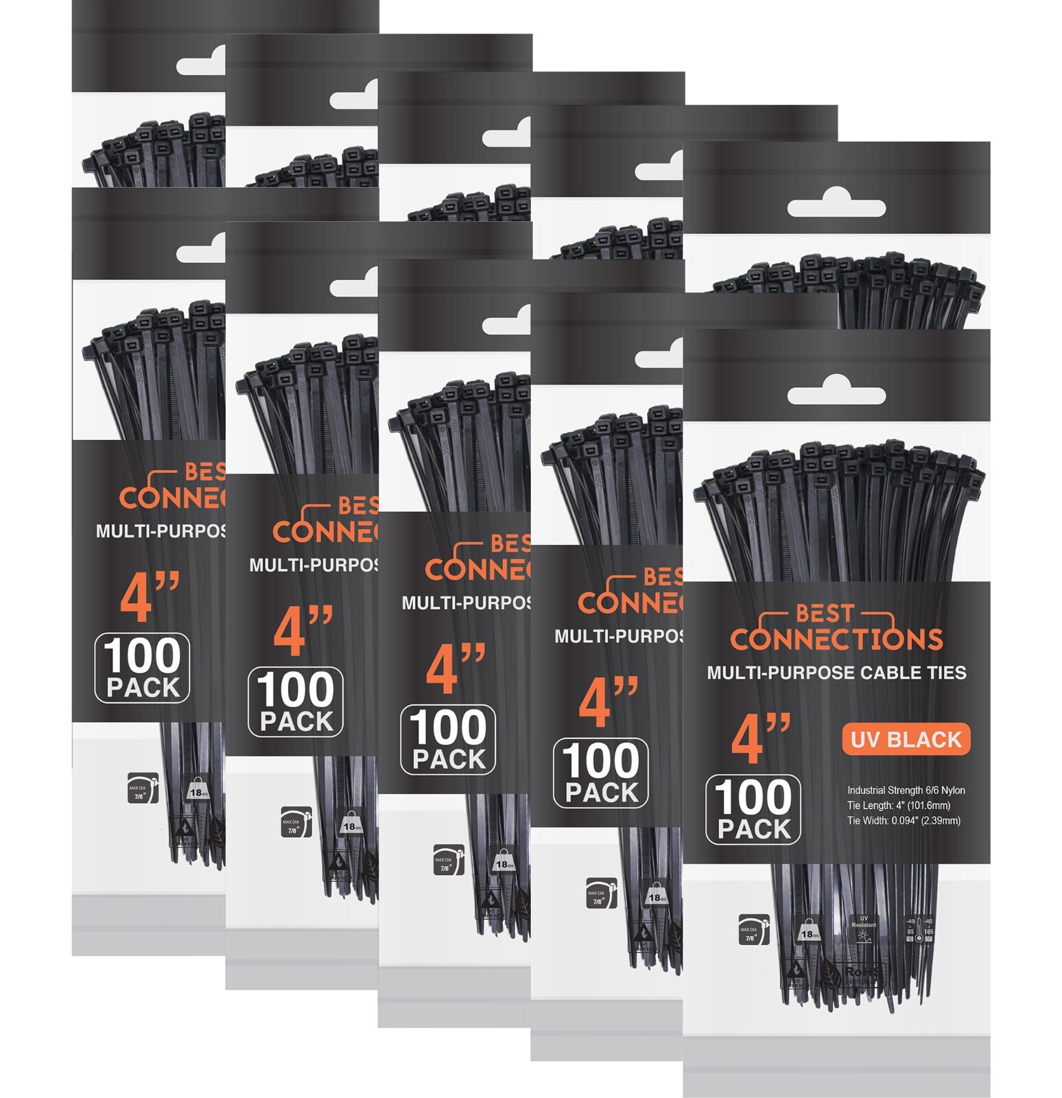 1,000 Pieces 4″ UV Black Nylon Cable Straps Zip Ties 18 Lbs Tensile Strength