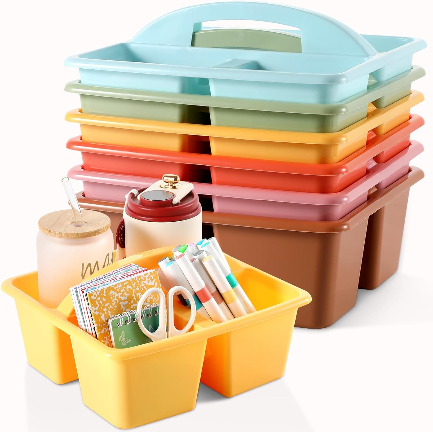6 Pack 3 Compartment Small Caddy Plastic Classroom Organizer with Handle Portabl