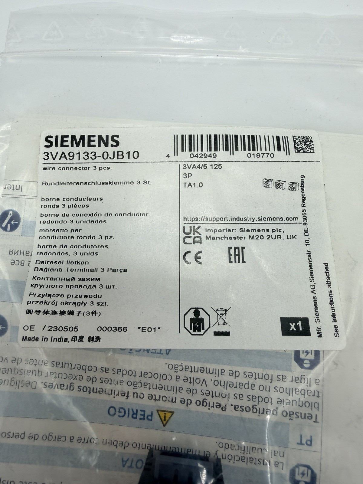 LOT OF 3 -Siemens 3VA9133-0JB10 Sentron Lug Terminal Kit 3-Piece 125A 14-8 AWG