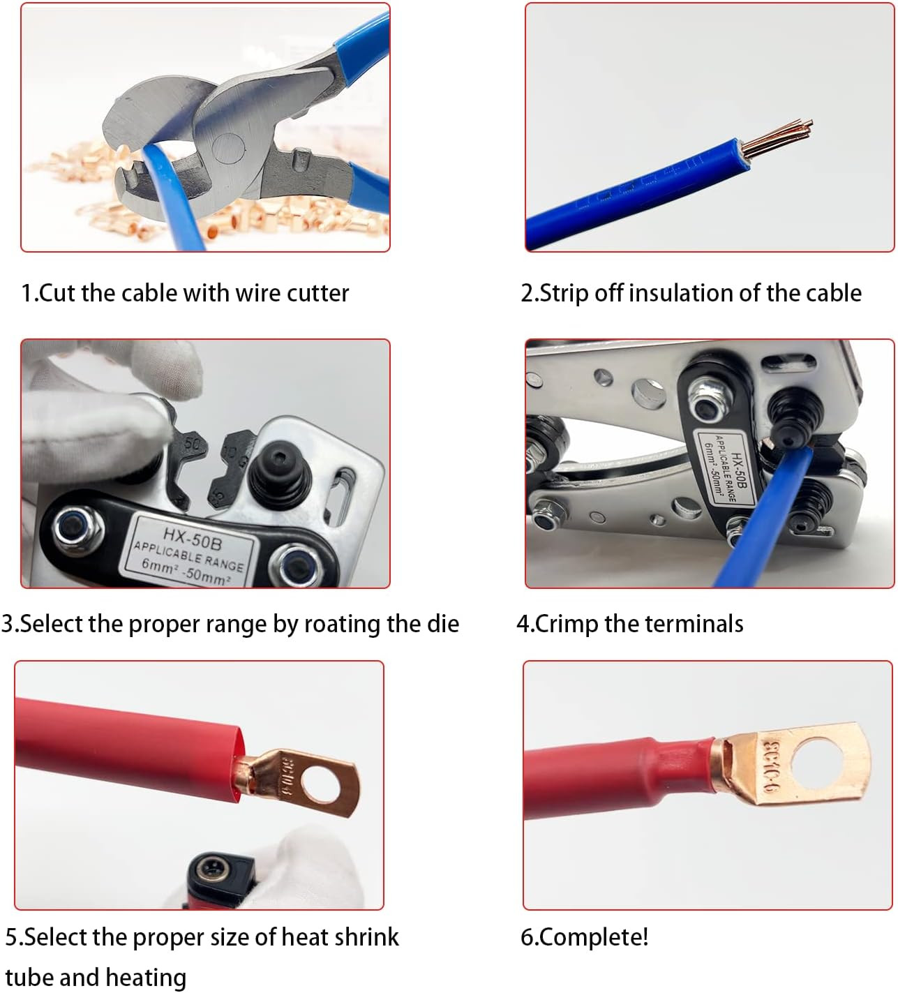 Cable Lug Crimping Tool Kit with 50 Copper Wire Lugs & Cable Cutter