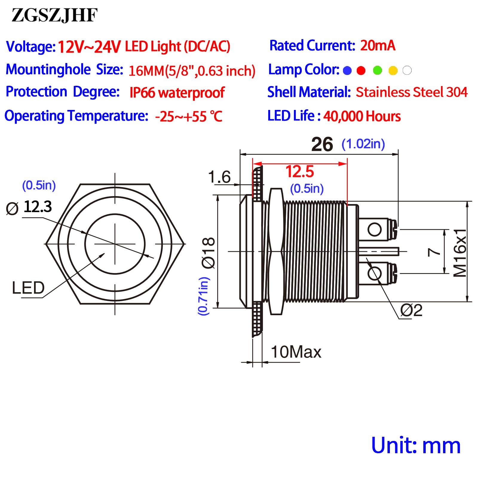 16mm 5/8in Indicator Light Stainless Steel 304 12V-24V 12-24 V AC/DC, Red