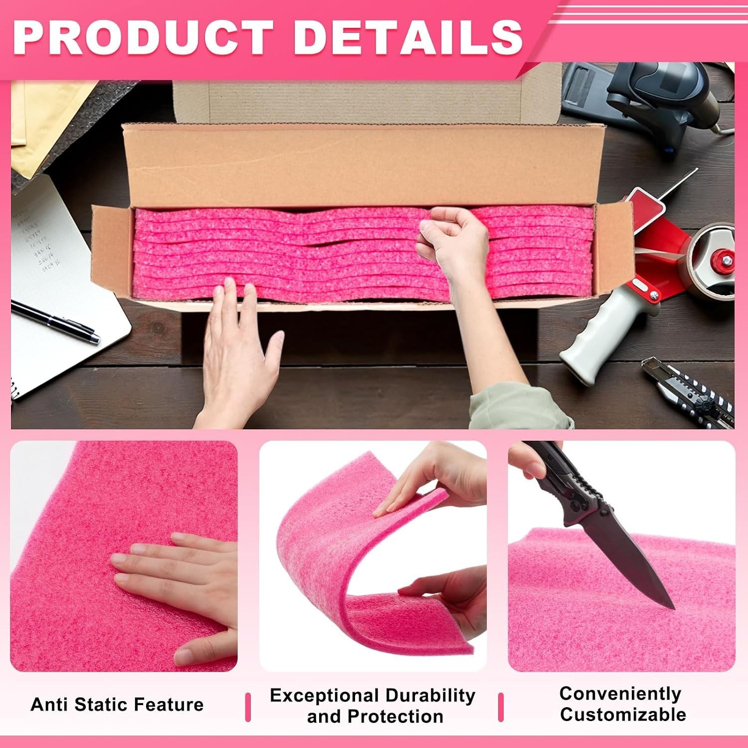 Cuttable 8 Pcs Pink Antistatic Foam Sheets – Perfect for Crafts & Shipping