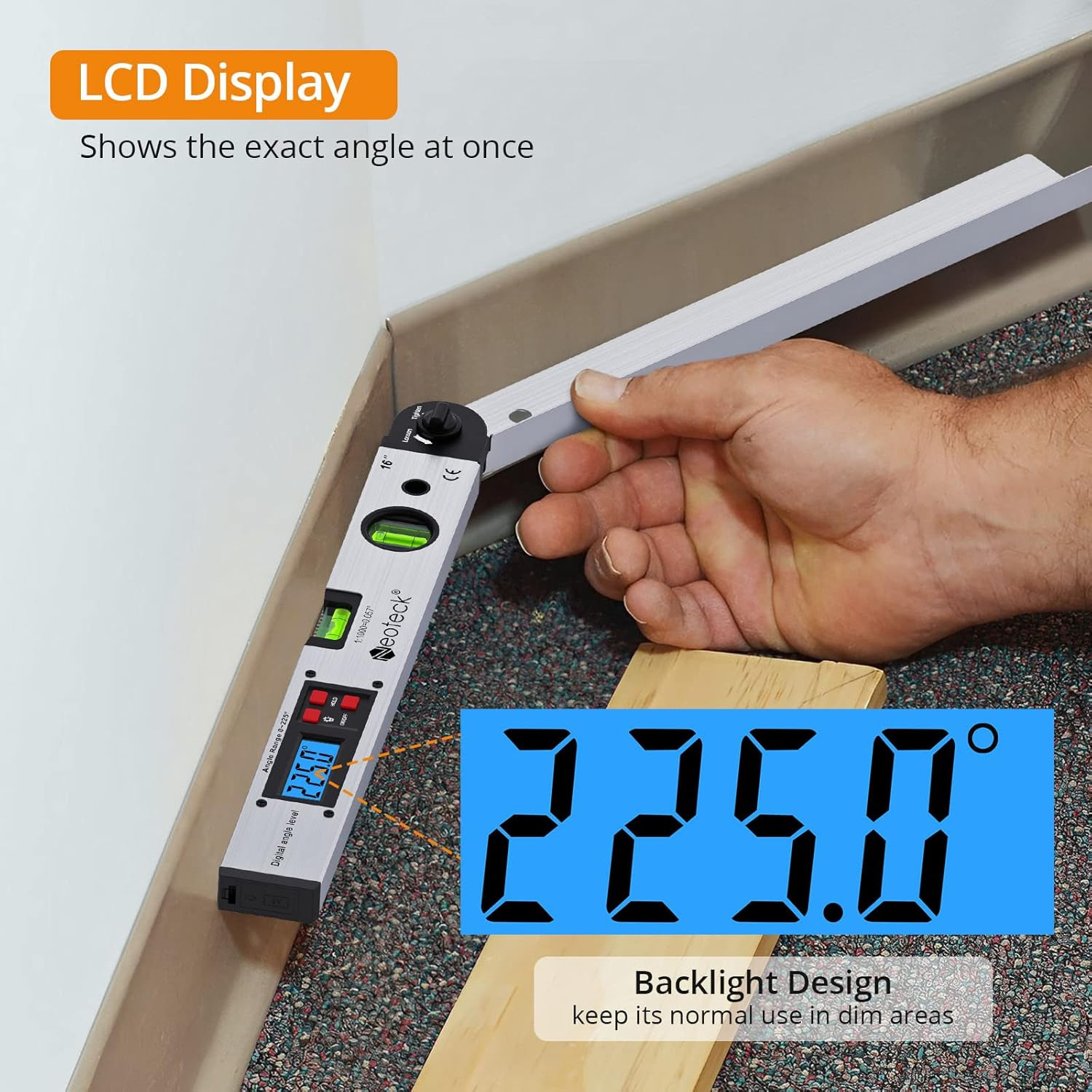 Aluminum Digital Angle Finder Protractor 225° 16 Inch Backlit LCD Digital with H