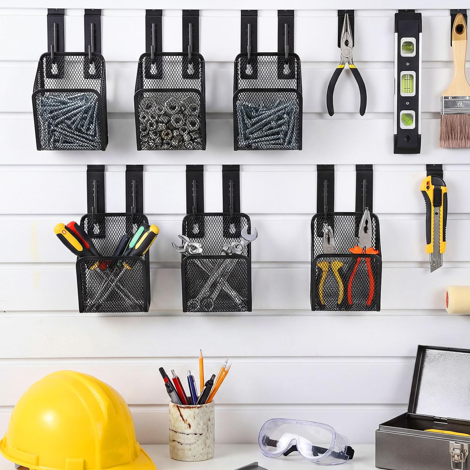 6 Pcs Slatwall Bins Pencil Holder with J Hooks Wall Mount Metal Slatwall Bin …