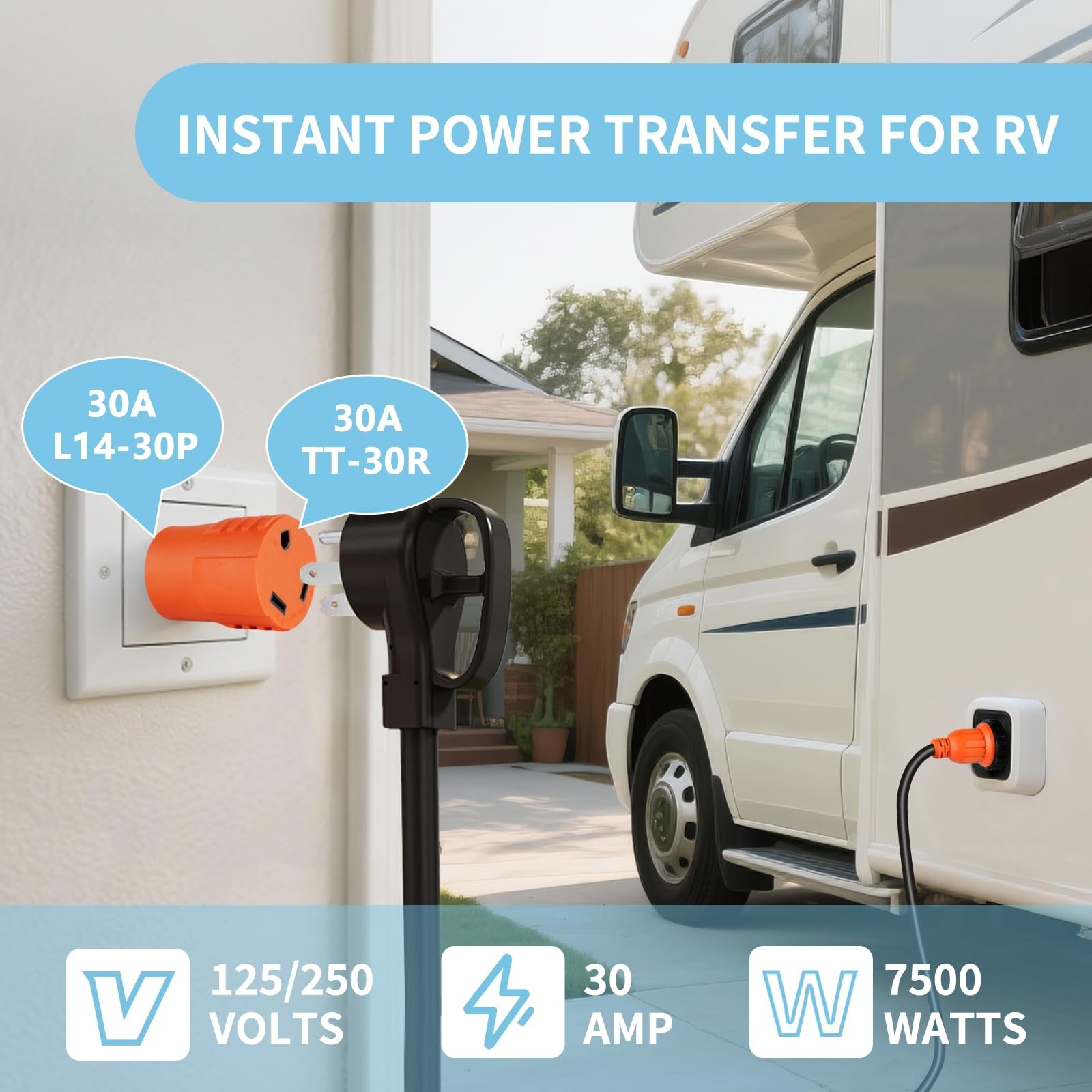 30A RV Generator Adapter, NEMA L14-30P to TT-30R, 3750W | ETL Listed with 4-P…