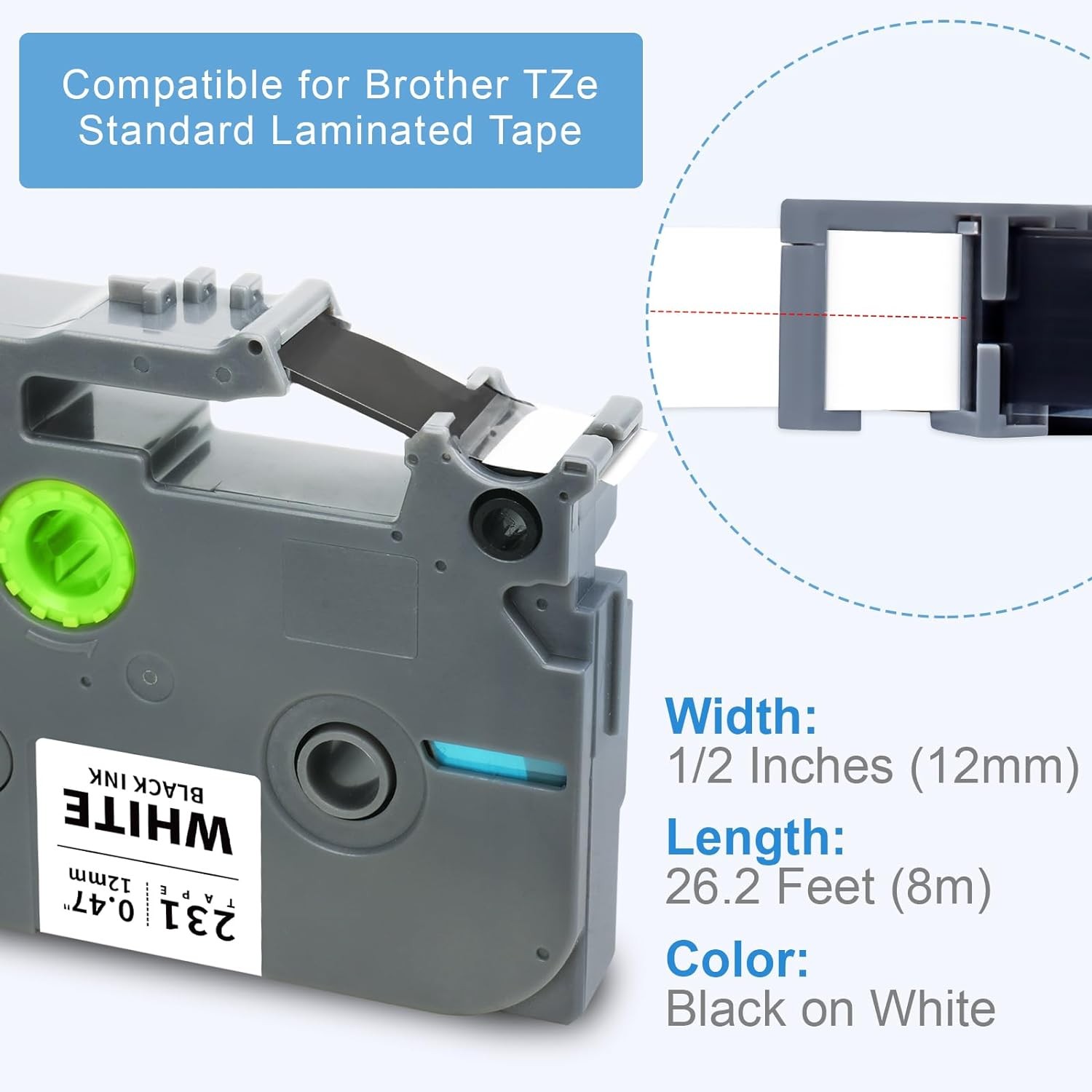 Brother P-Touch TZe-231 5 Pack Tape ½”(0.47”) x 26.2 ft. (8m) Black on White