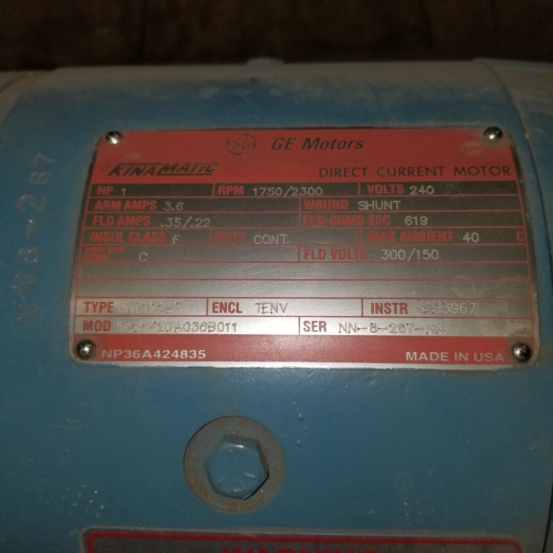 GE Motors Kinamatic DC Motor 5CD142DA036B011, 1hp, 1750/2300RPM, 240V/3.6A