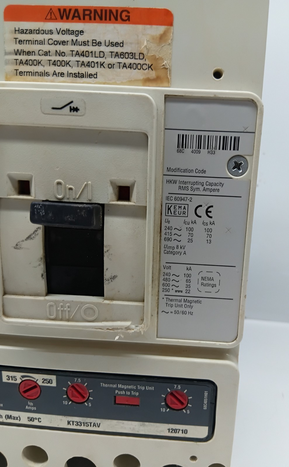 EATON HKW3400F 3 POLE 400 AMPS CIRCUIT BREAKER HKW 70K