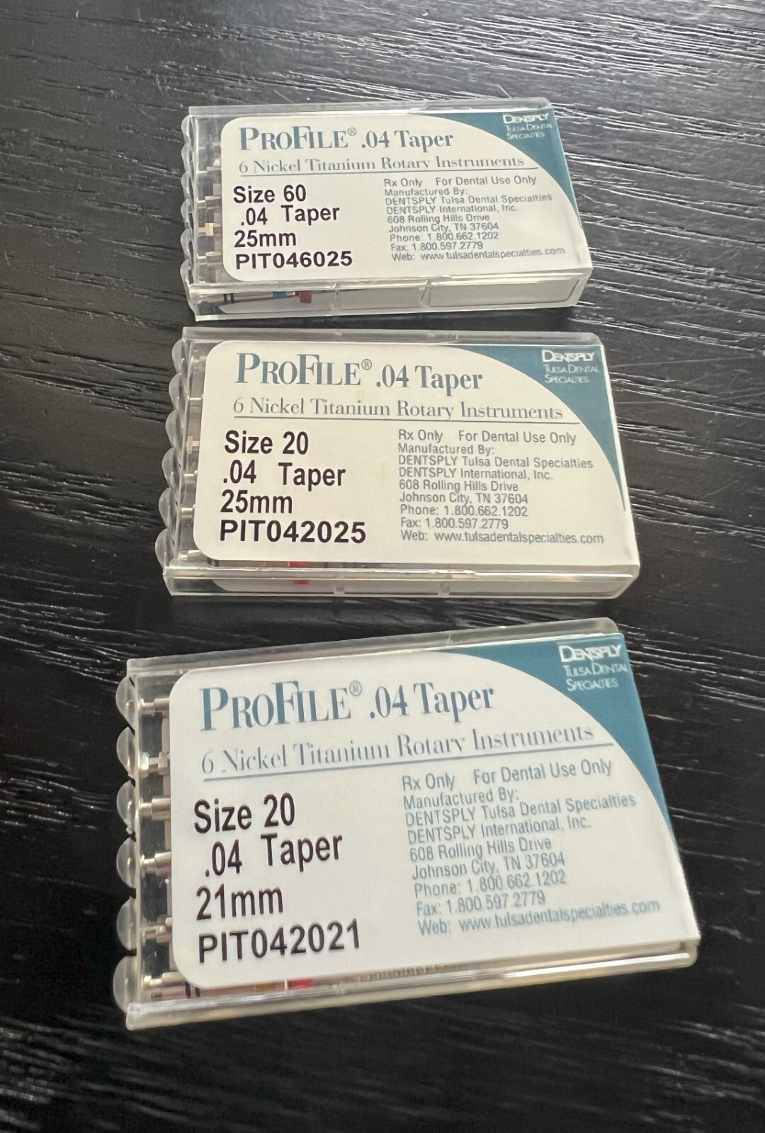 ProFile .04 Taper Nickel Titanium ISO Rotary files, DENTSPLY, NiTi 21mm & 25mm