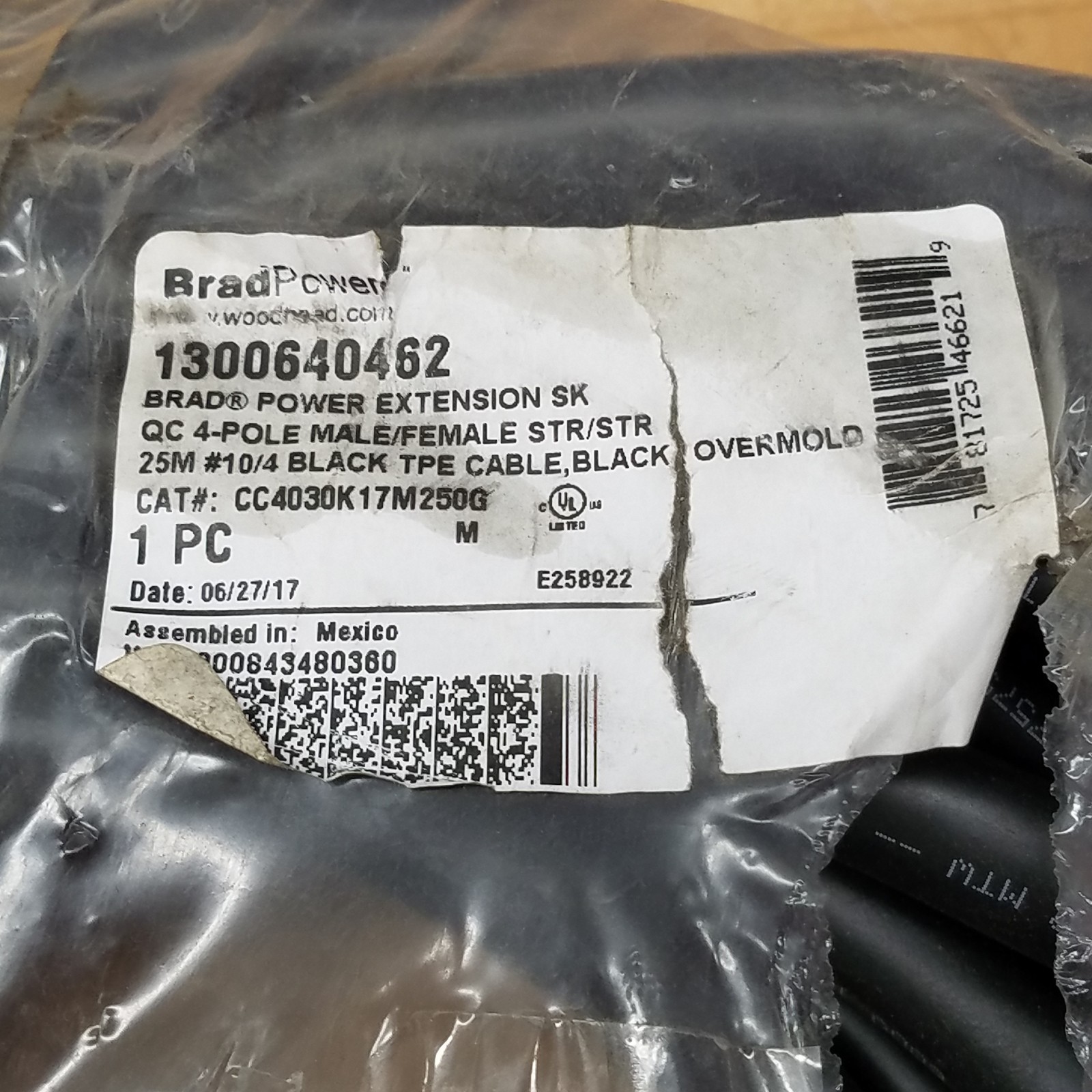 Woodhead CC4030K17M250G Double Ended Cordset, 4 Pole, male/Female Str/Str, 10Awg