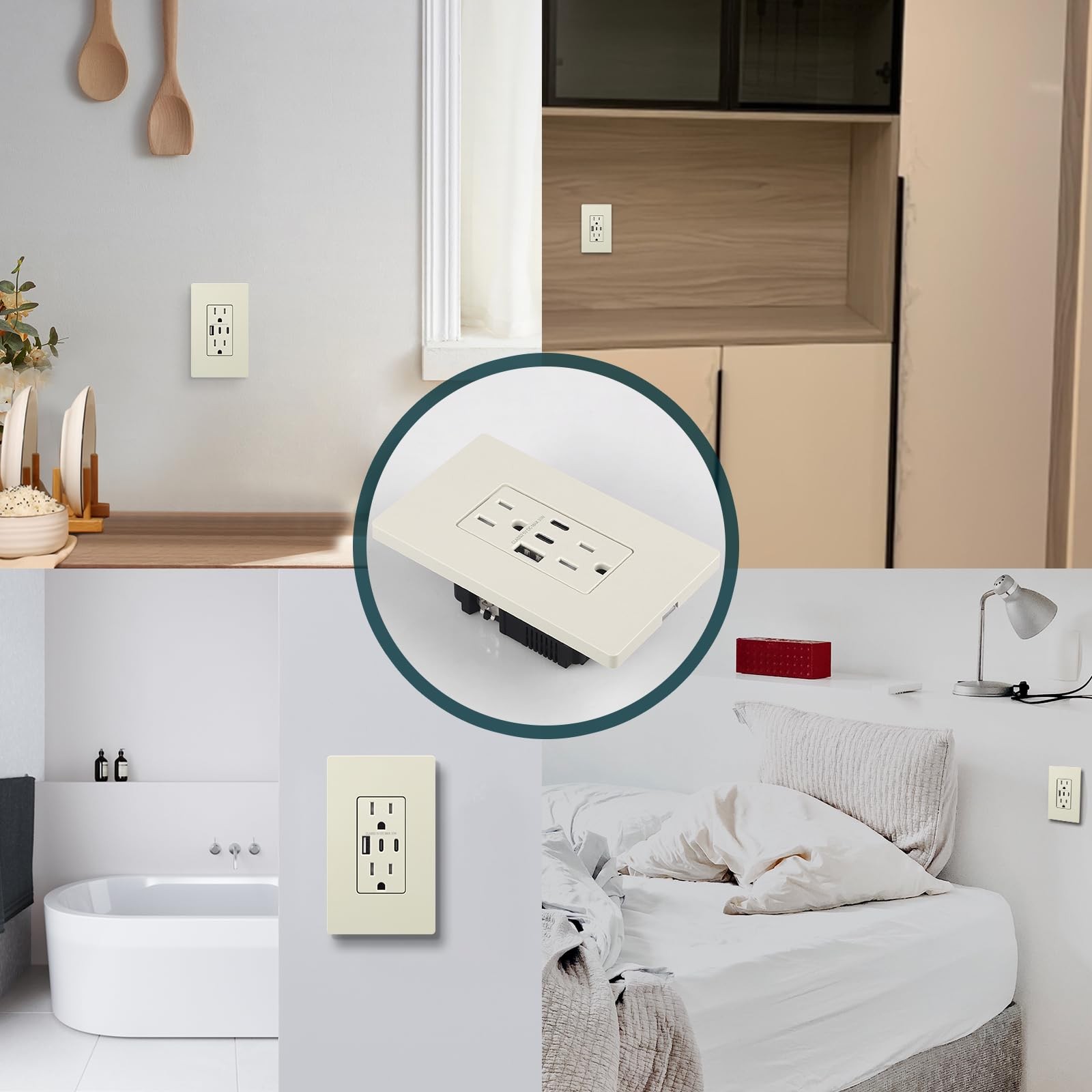 TOPELER 2 Pack USB Wall Outlet, 30W 6.0A Charging Power 15A, Light Almond