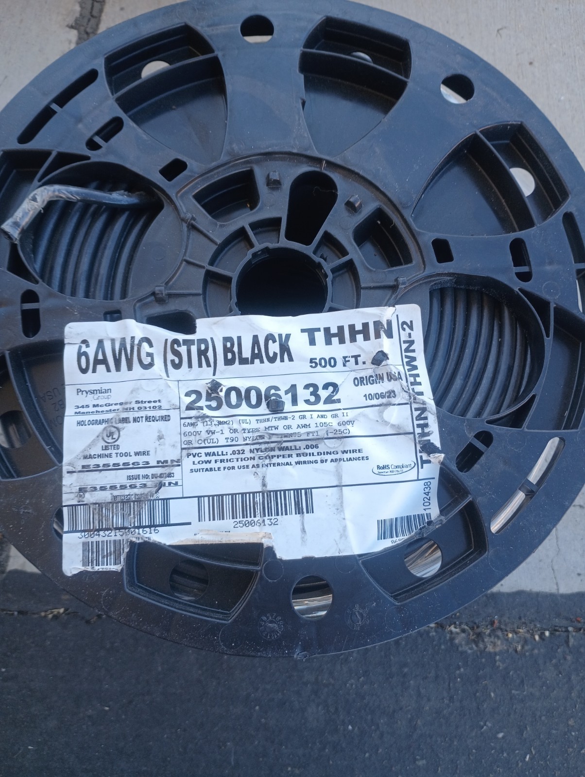 Prysmian Building Wire, 6AWG, THHN THWN-2, Str, Blk, 500ft