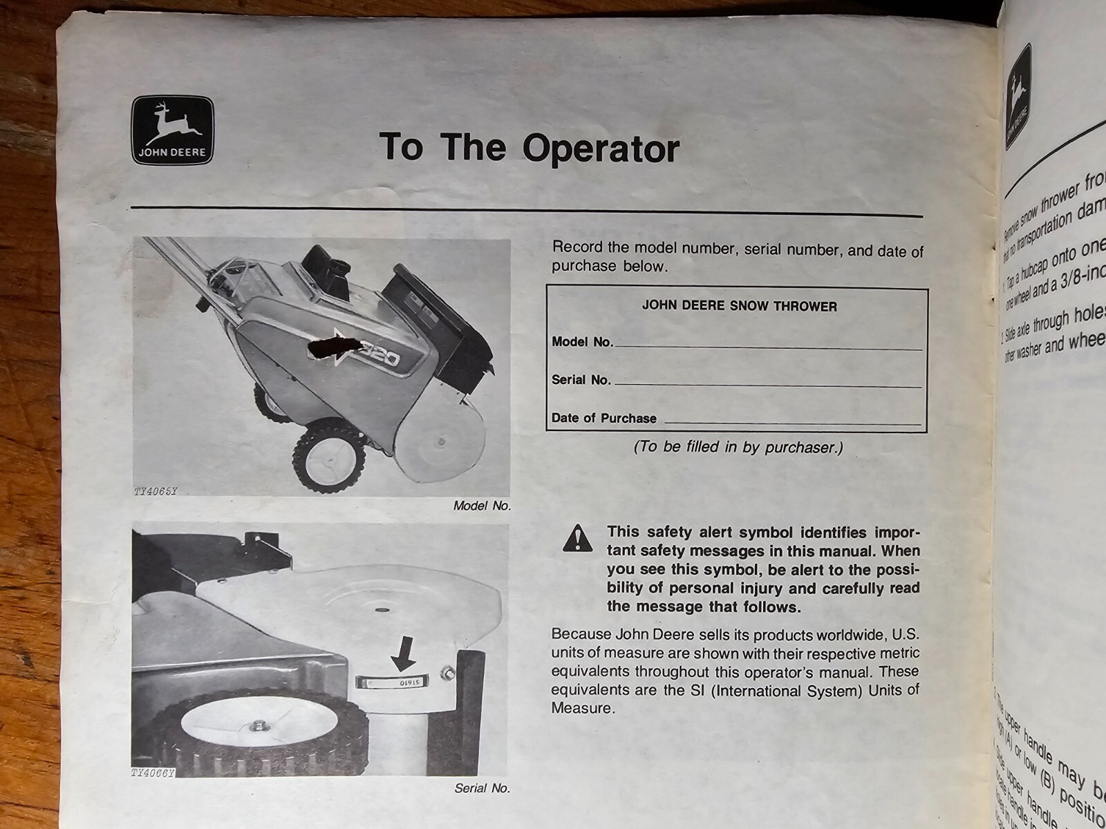 John Deere 320 Snow Thrower S/N -44999 Owner’s Operator’s Manual OM-TY3896 F8