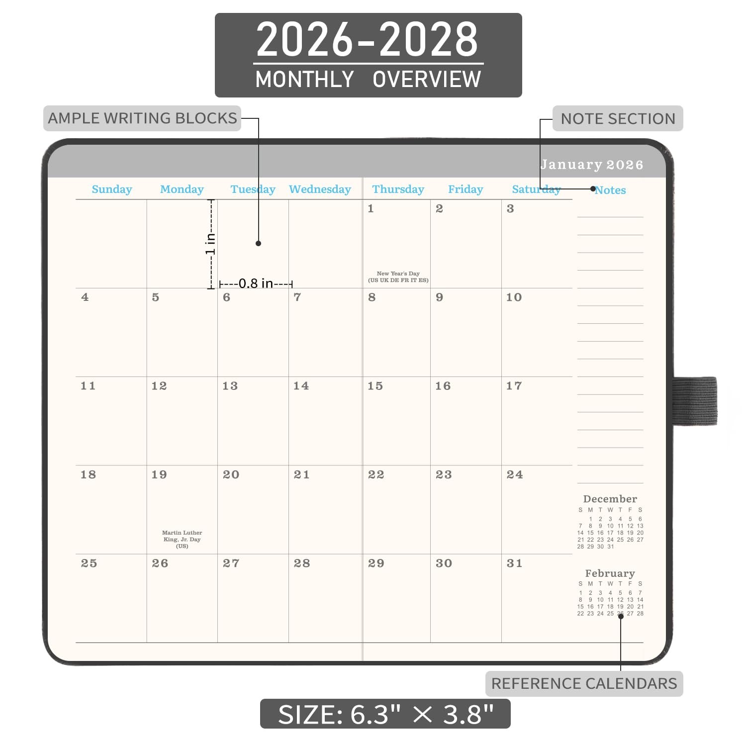 3 Year Pocket Calendar 2026-2028 Monthly Planner for Purse w/ Leather Hard Cover