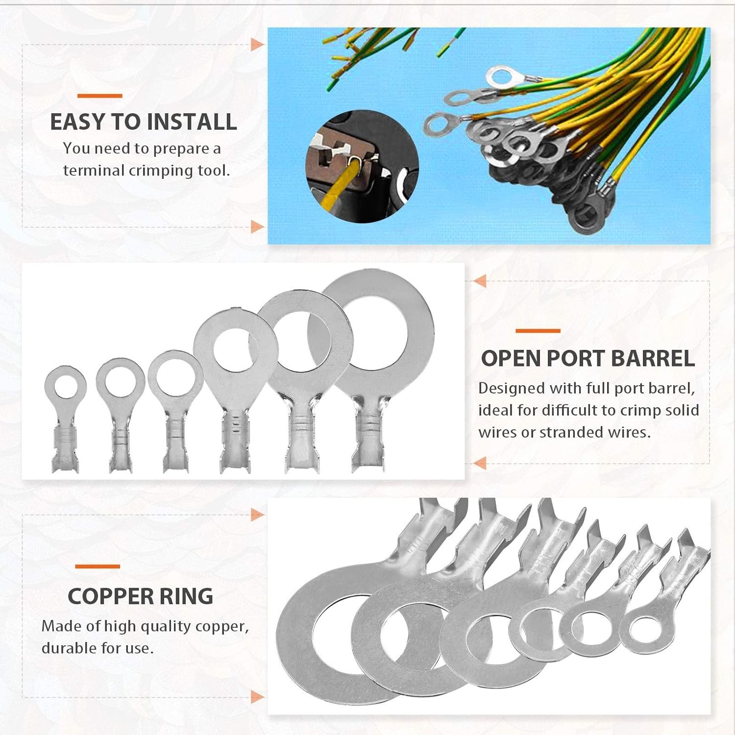 6 Sizes 240 Pcs Non-Insulated Ring Crimp Terminals Connector Assortment Set, O-T