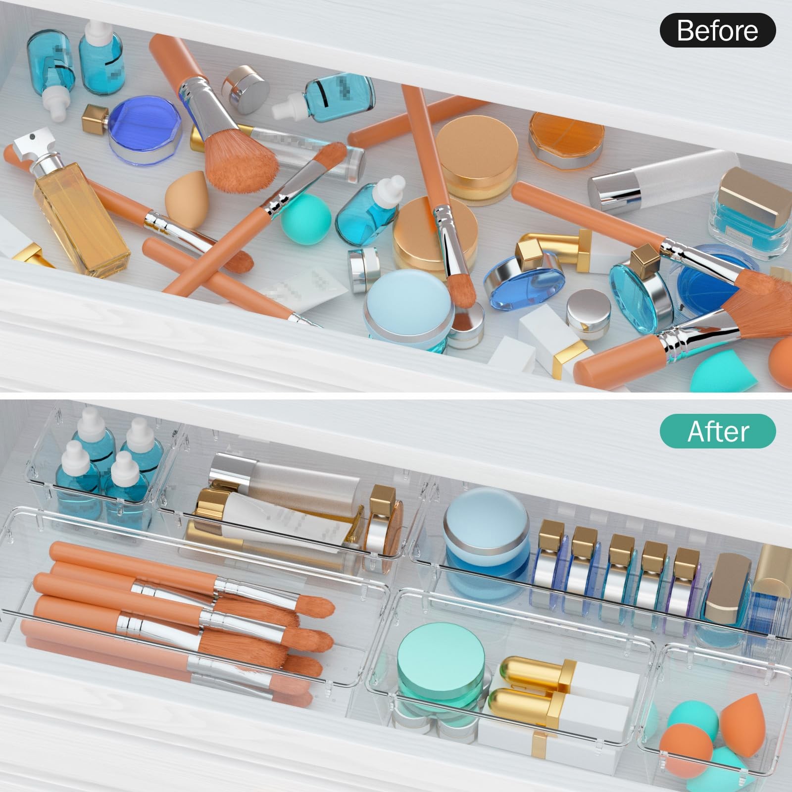 WOWBOX 6 Pack Clear Drawer Organizer Set, Acrylic Drawer Storage Trays, Stora…