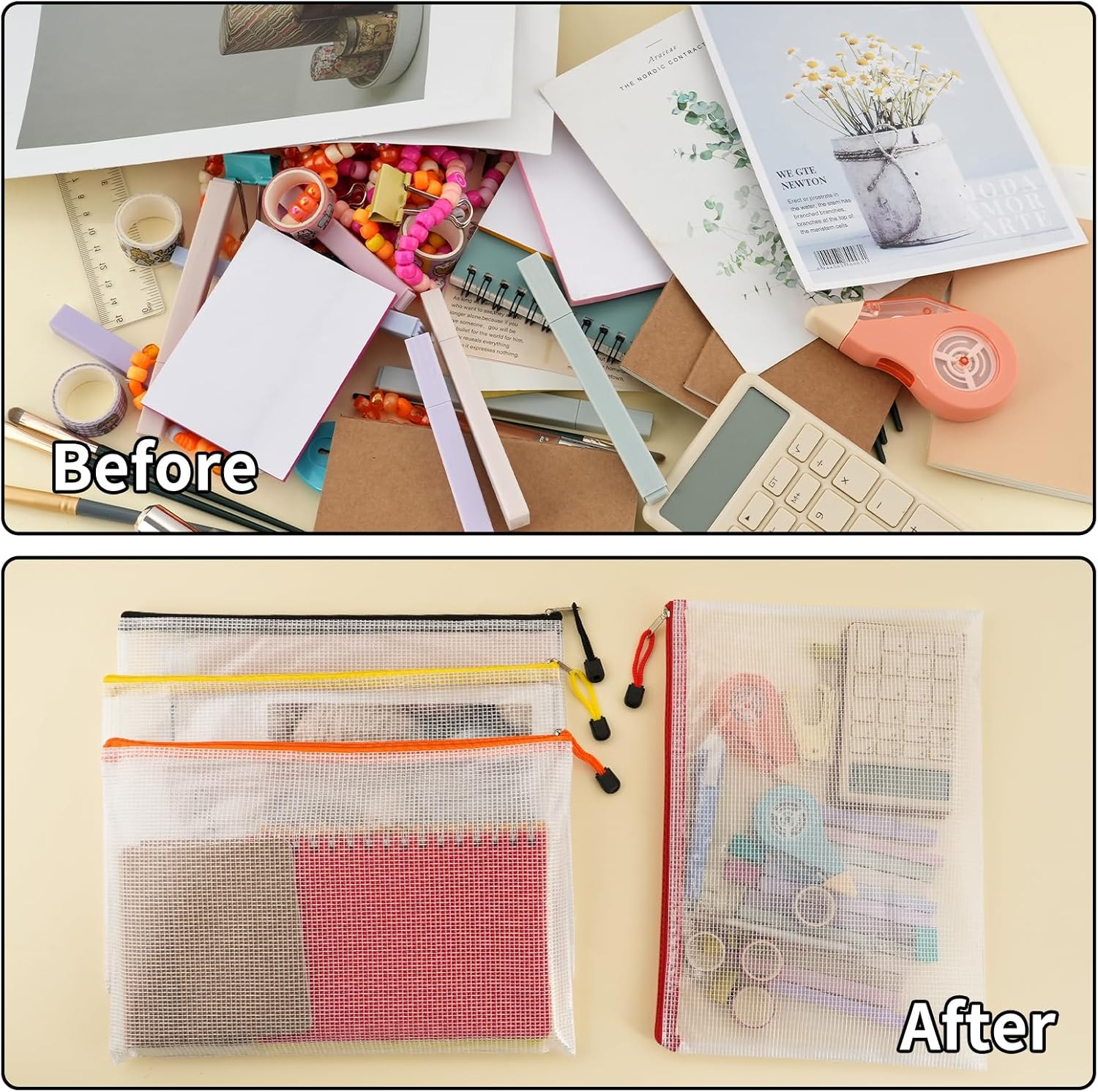 72pcs Mesh Zipper Pouch, A4 Size, 12 Colors Zipper Bags for Organizing Storage,