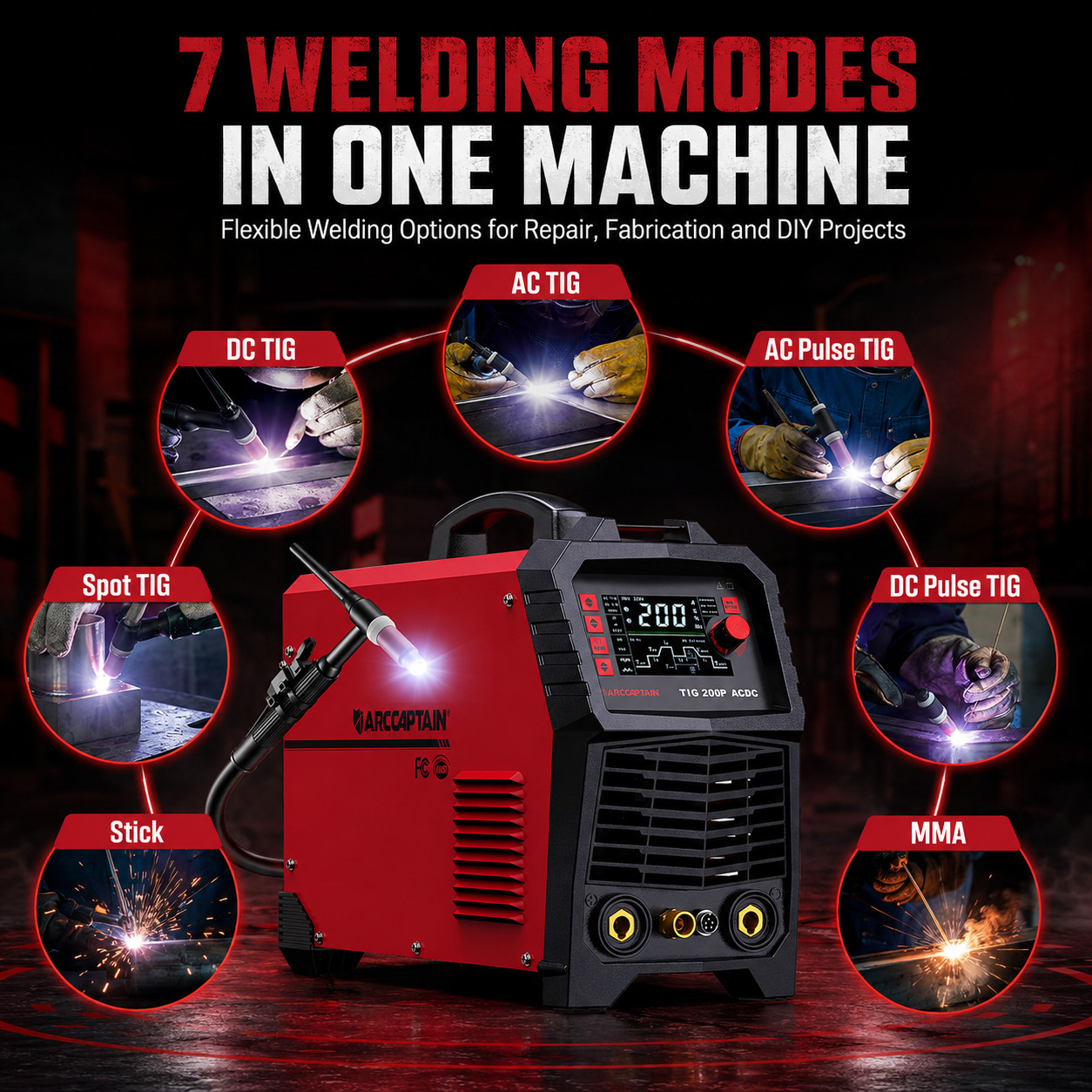 ARCCAPTAIN 6-in-1 Aluminum MIG Welder, 200A Flux Core MIG/Gas MIG/Lift TIG