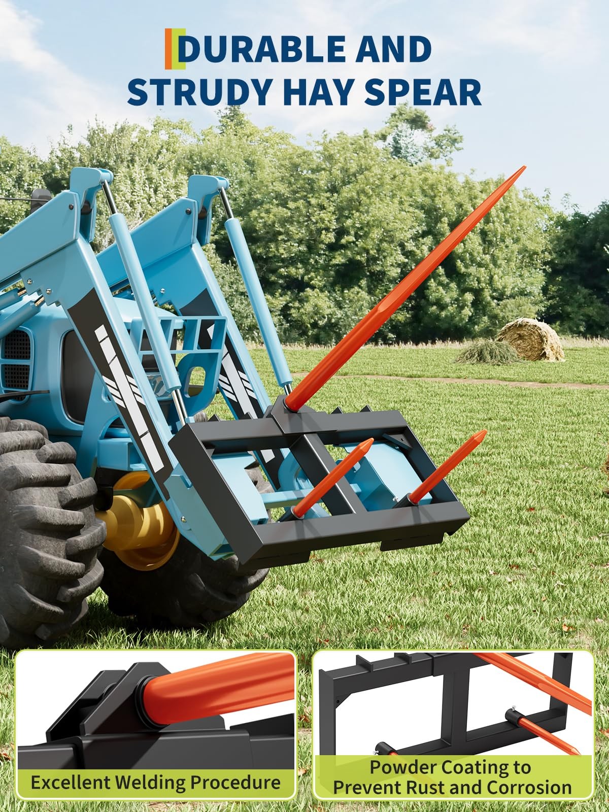 49″ Hay Spear Attachment 3000LBS Quick Attach with Hay Spear & Stabilizer Spears