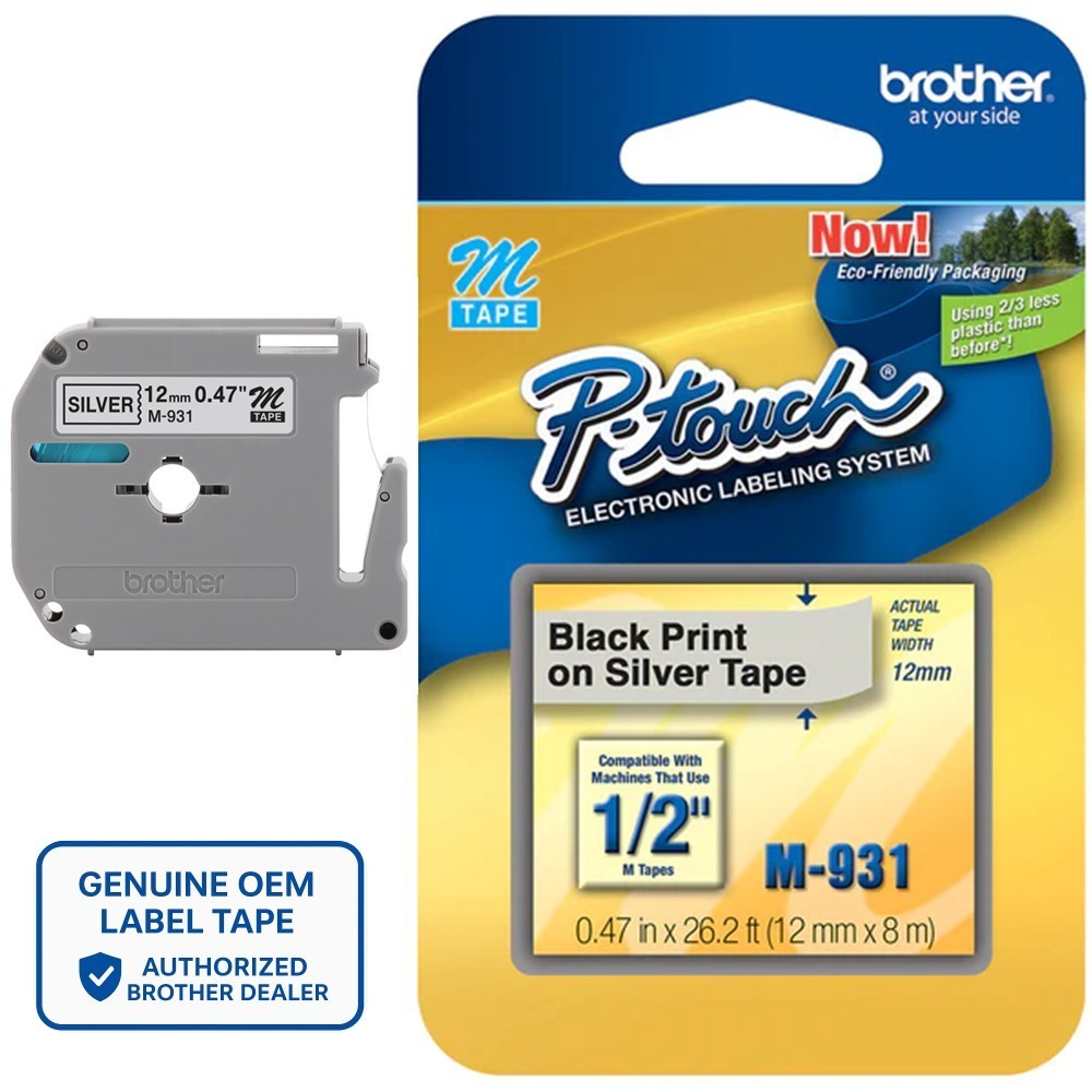 Genuine Brother M-931 Black on Silver 1/2″ (12mm) P-Touch Label Tape For PT-M95