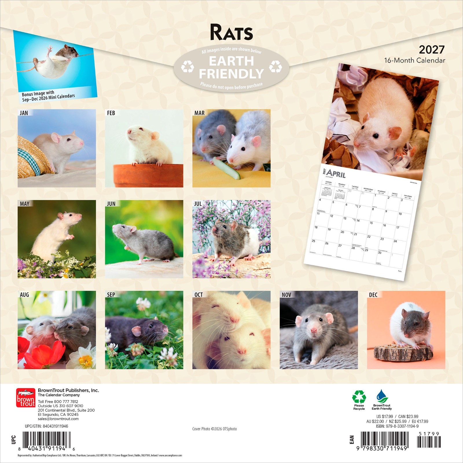 Rats | 2027 12×24″ (Hanging) Monthly Square Wall Calendar | Plastic-Free