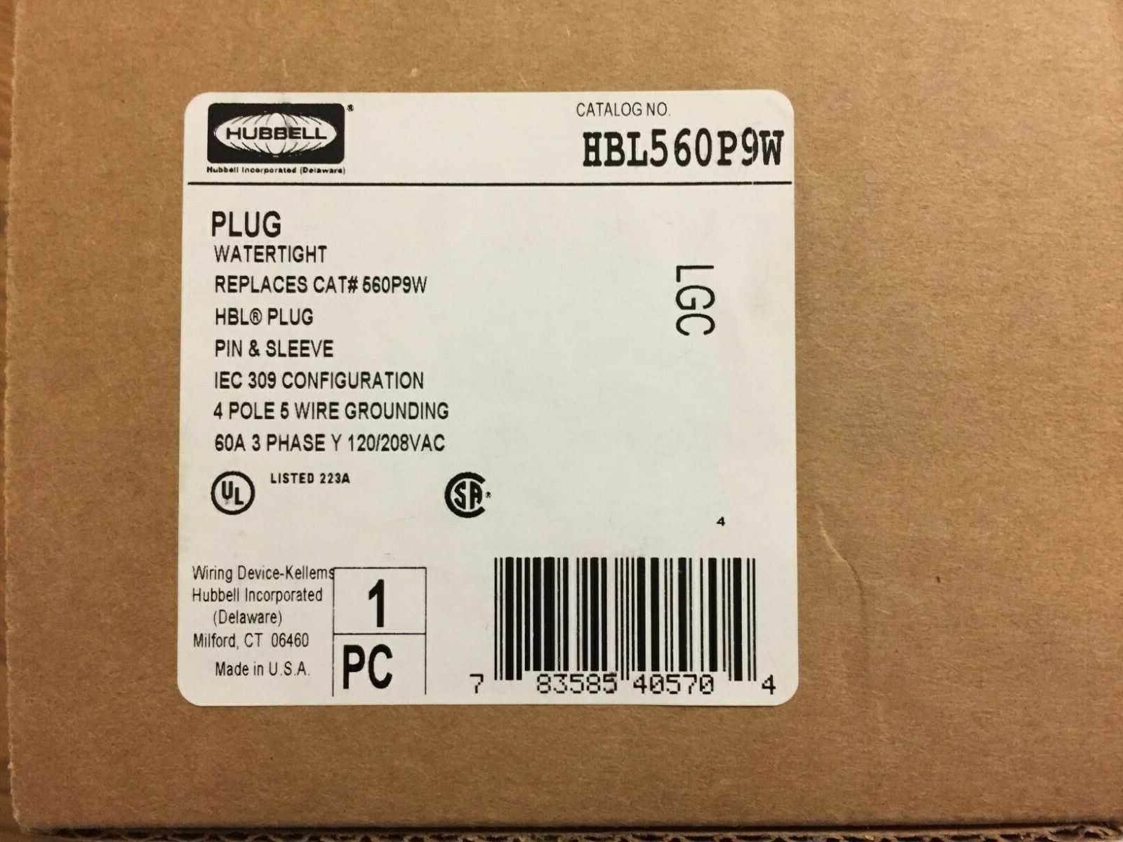 Hubbell HBL560P9W Pin and Sleeve, IEC, Plug, 4P5W, 60/63A 120/208V, 4X/69K