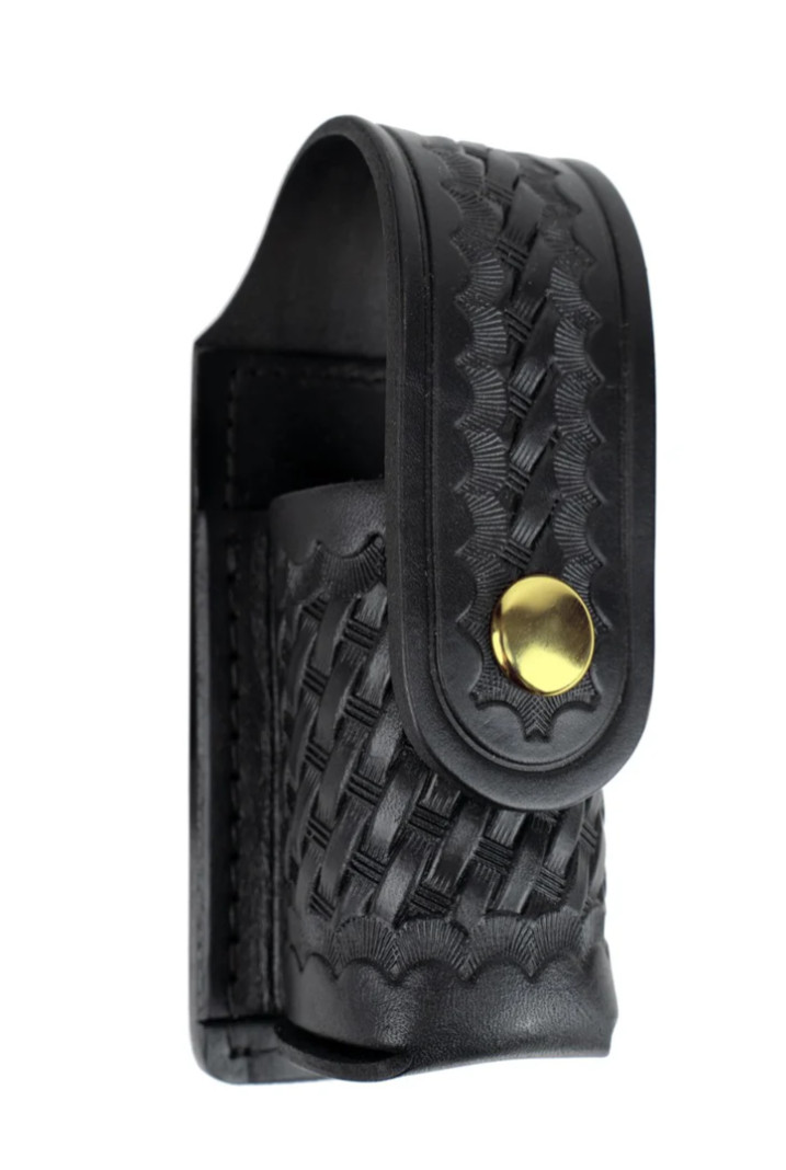 First Class Leather Basket Weave Small Pepper Spray Holder with Brass Snap