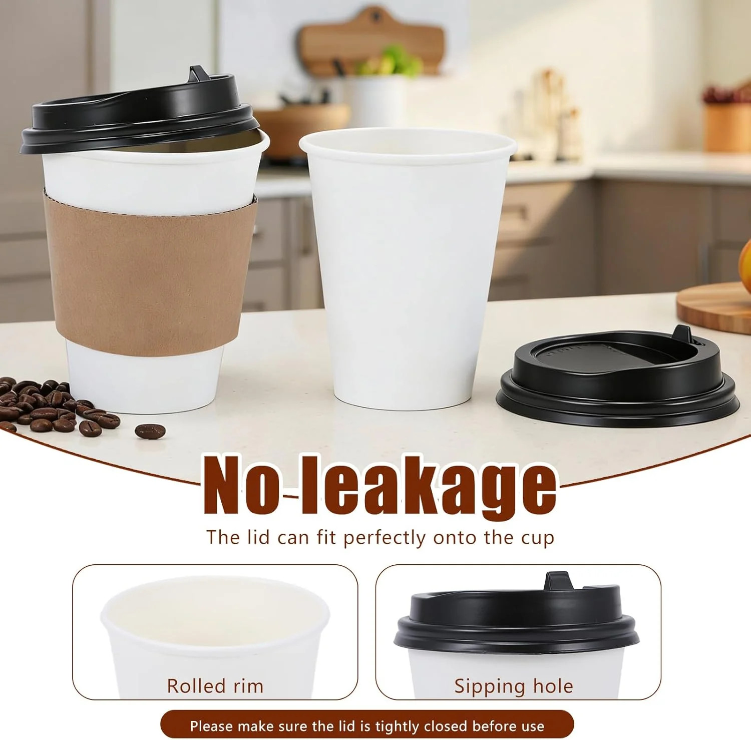 Coffee Cups, 50 Pack 12 oz Disposable Coffee Cups with Lids and Sleeves, Leak-pr