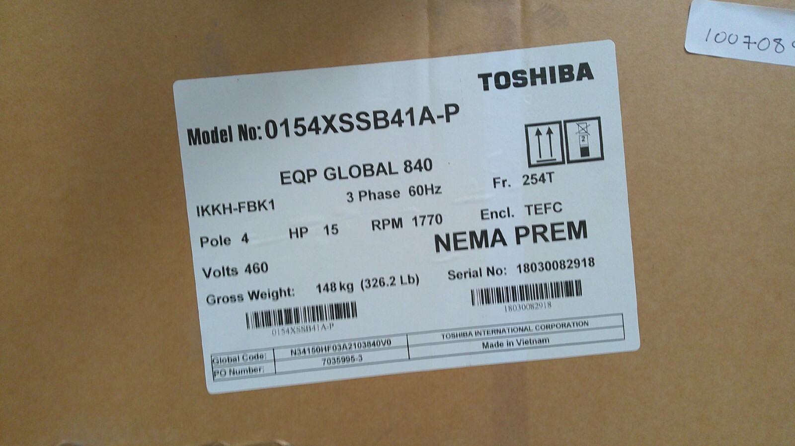 NEW 15 HP 254T Frame Toshiba 0154XDSB41A-P Electric Motor 460V 1770 RPM