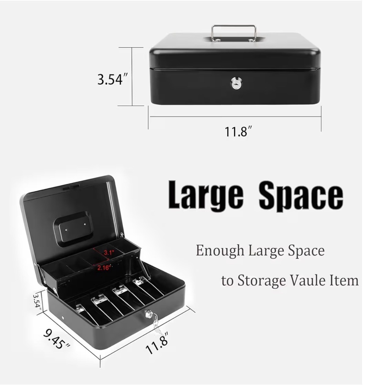 Large Lockable Cash Box with Money Tray & Key, Black, 11.8×9.45×3.54