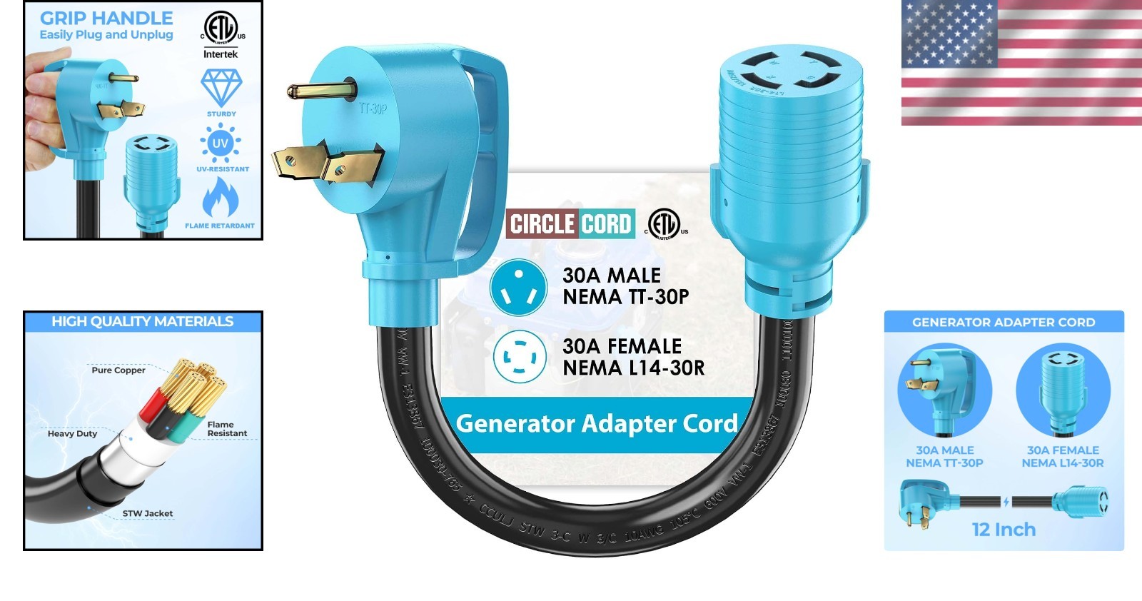 30 Amp NEMA TT-30P to L14-30R Generator Adapter – 12 Inch Heavy Duty Cable