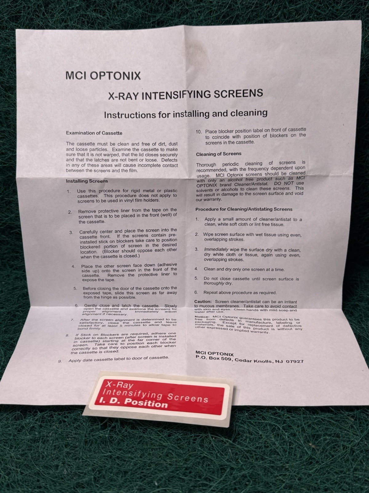 MCI OPTONIX BLUE 100 122214 X RAY INTENSIFYING SCREEN