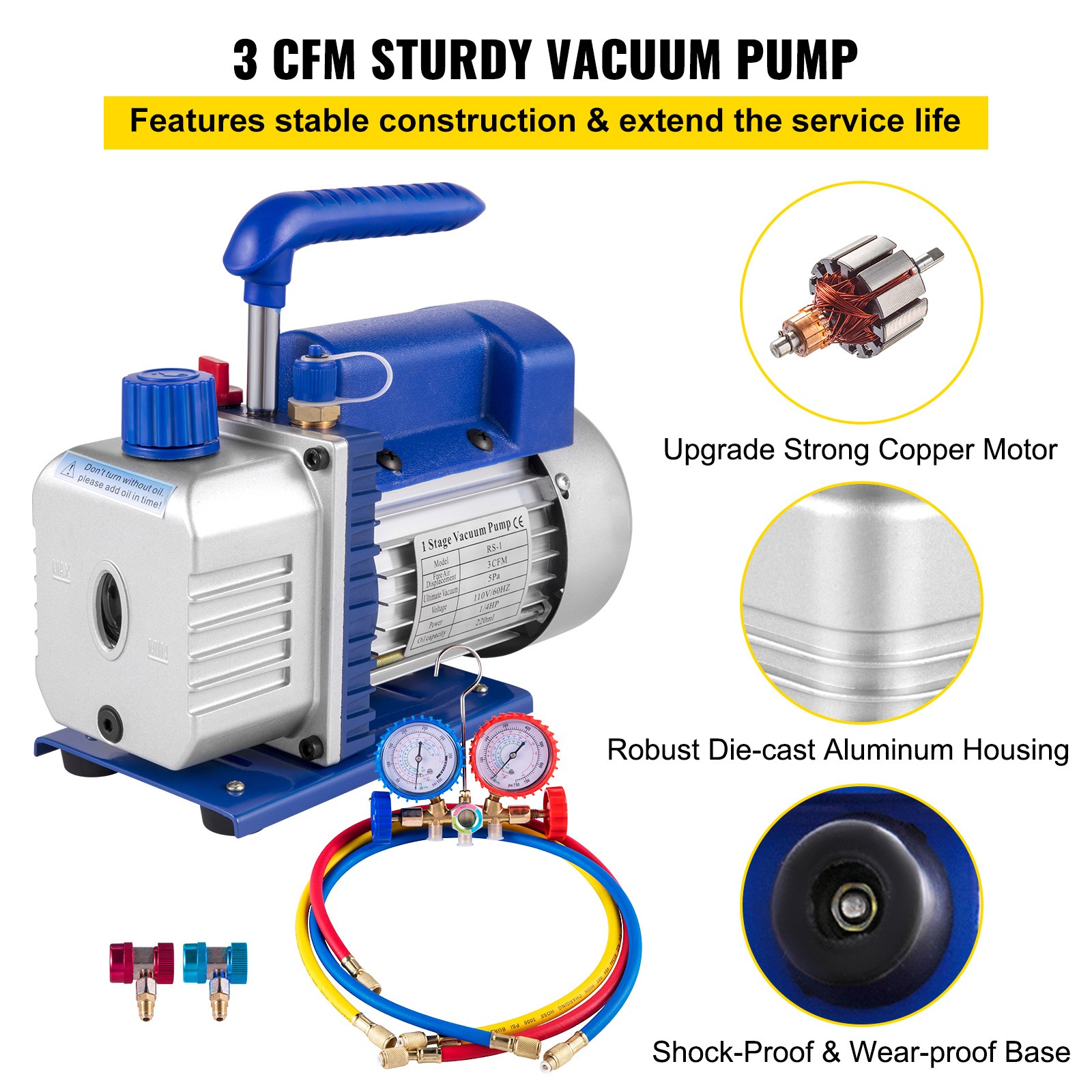 Uimoso 3 CFM Vacuum Pump and HVAC Manifold Gauge Set for AC Refrigeration