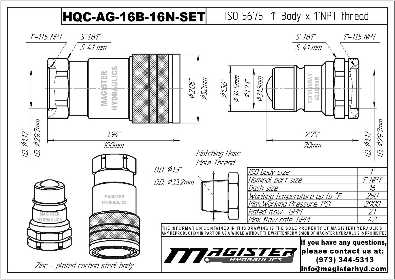 1″ AG Hydraulic Quick Couplers Set – 1″ NPT Thread