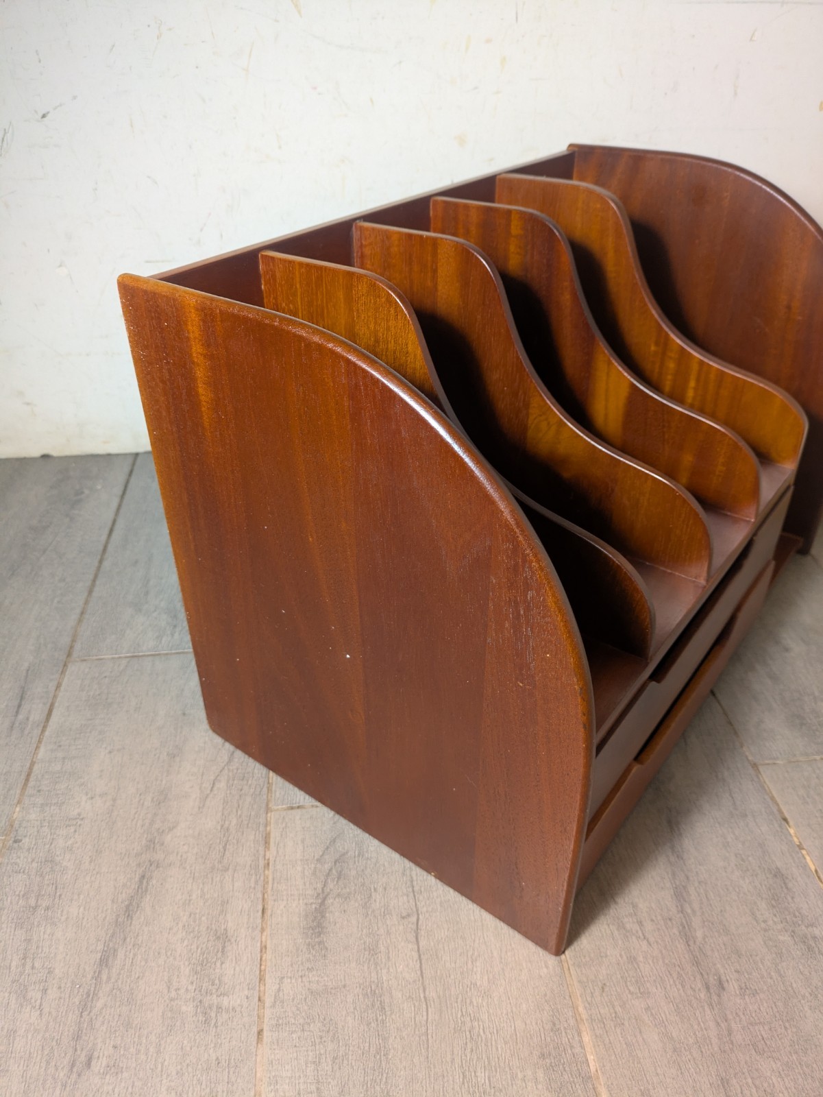 Vintage Mid Century Danish Modern Mahogany Wood Desk Organizer Mail Sorter H66