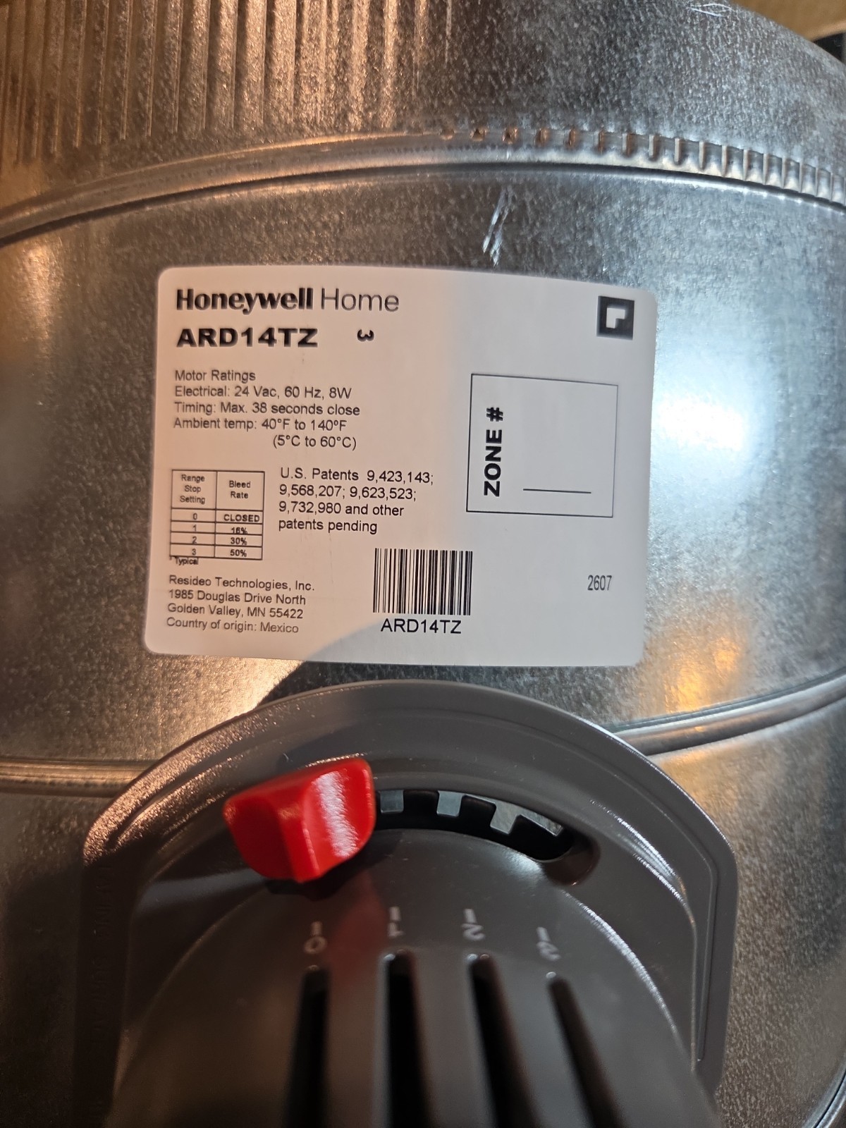 Honeywell ARD14TZ 14 in Round Galvanized Power Close 24V Zoning Damper