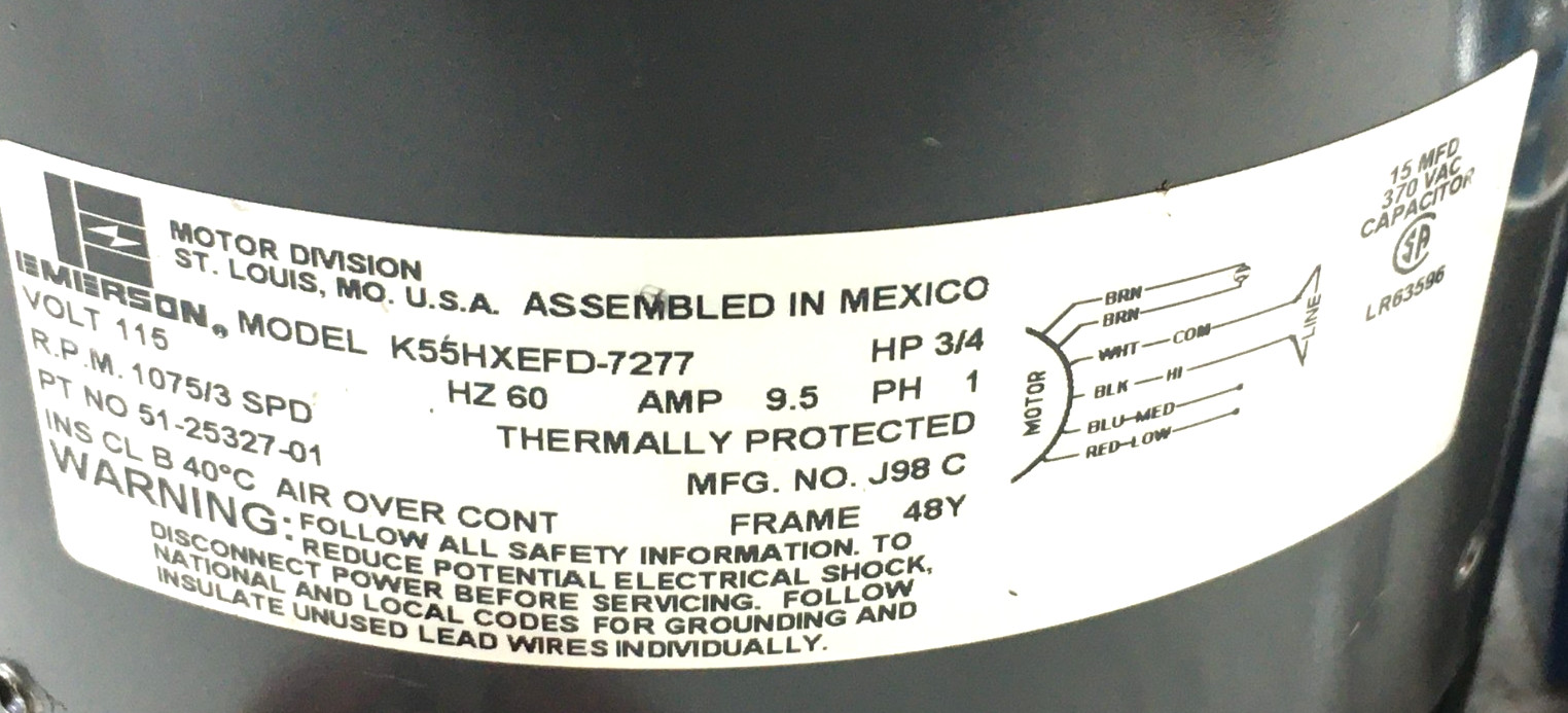 EMERSON K55HXEFD-7277 Blower Motor 51-25327-01 3/4HP 115V RPM 1075/3SPD #CMP537