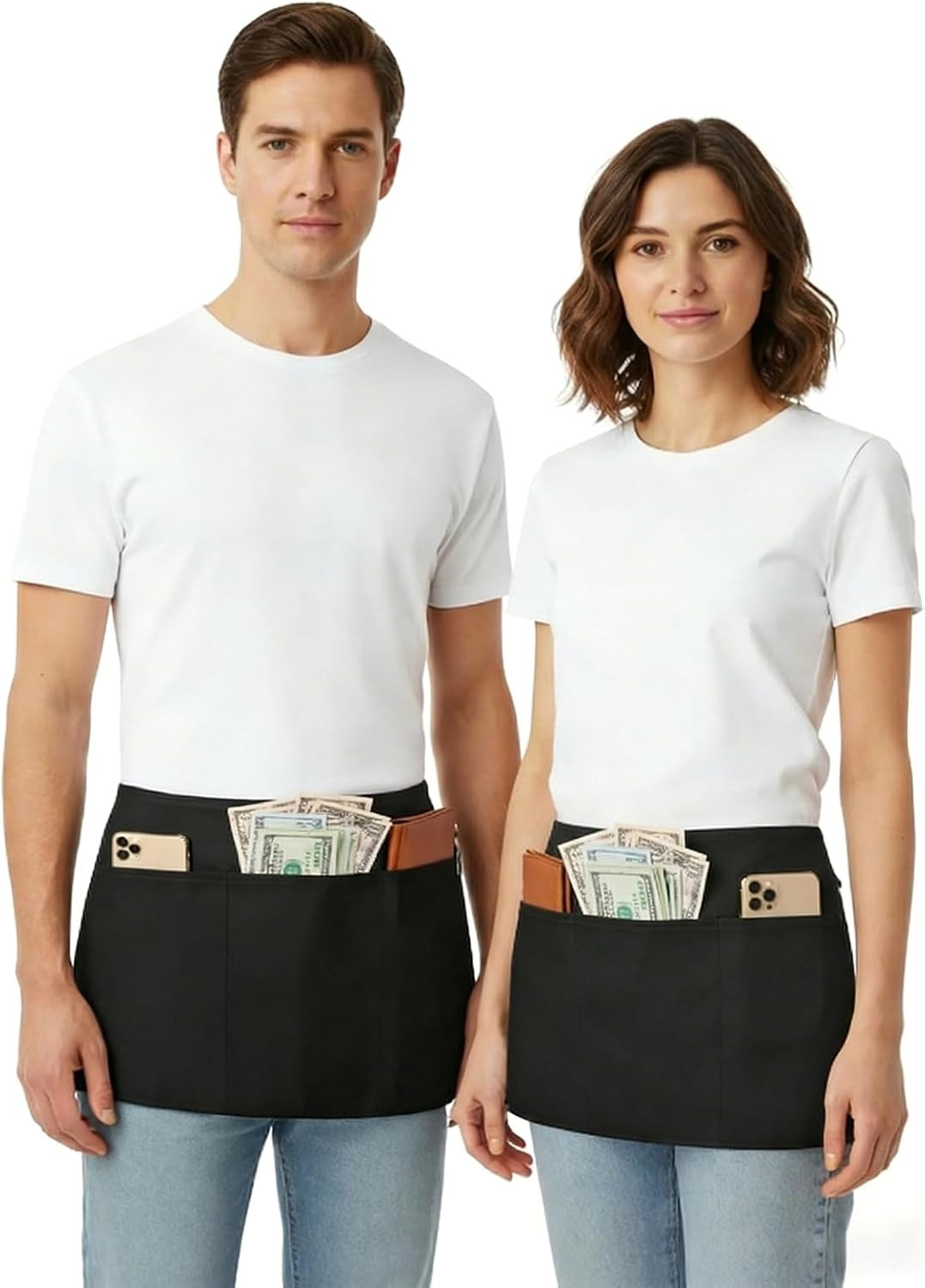 4 Pack Waitress Apron With 3 Pockets-Black Server Aprons-Waiter Short Half Waist