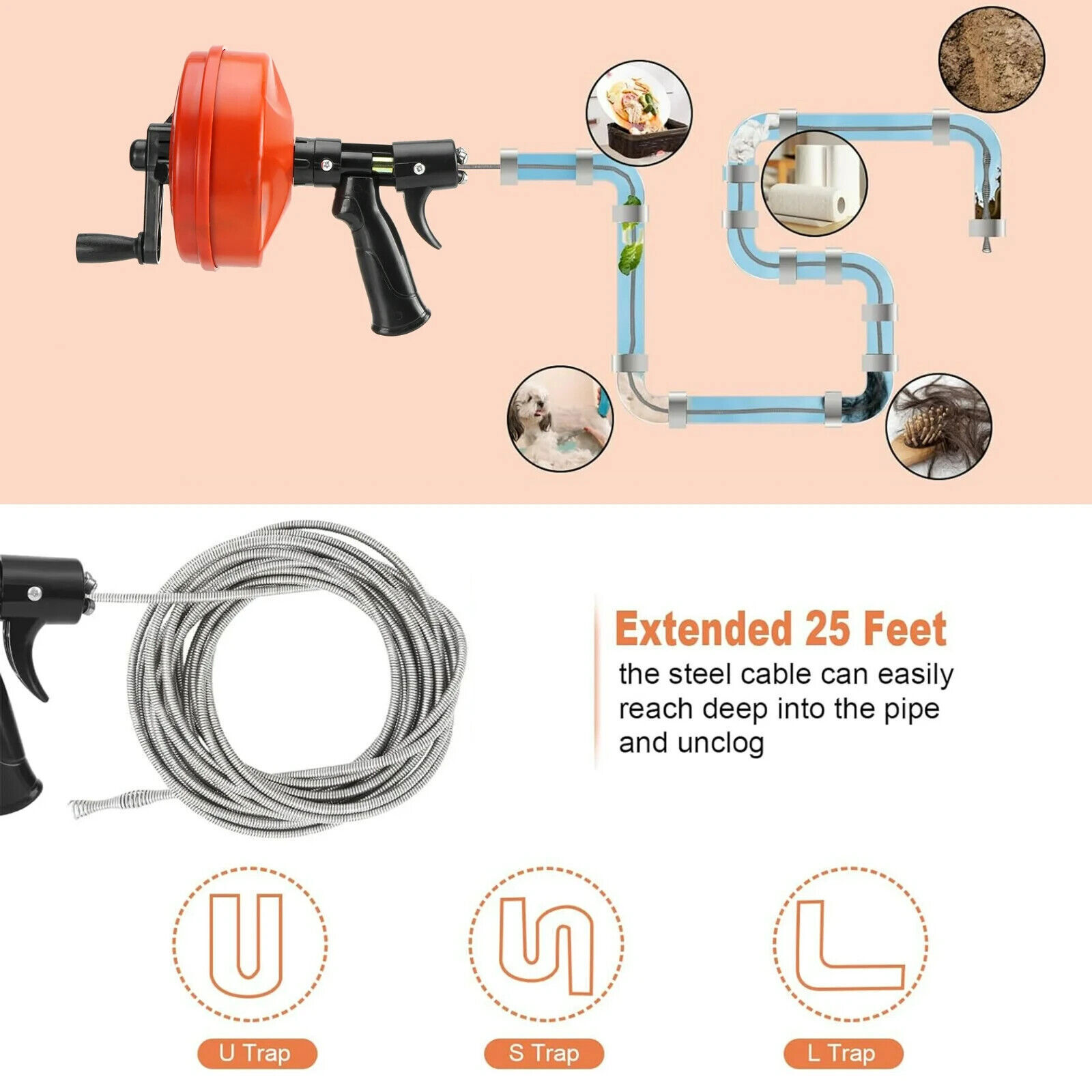 Drain Auger 25ft 1/4in Drum Plumbing Drain Snake Clog Remover Autofeed