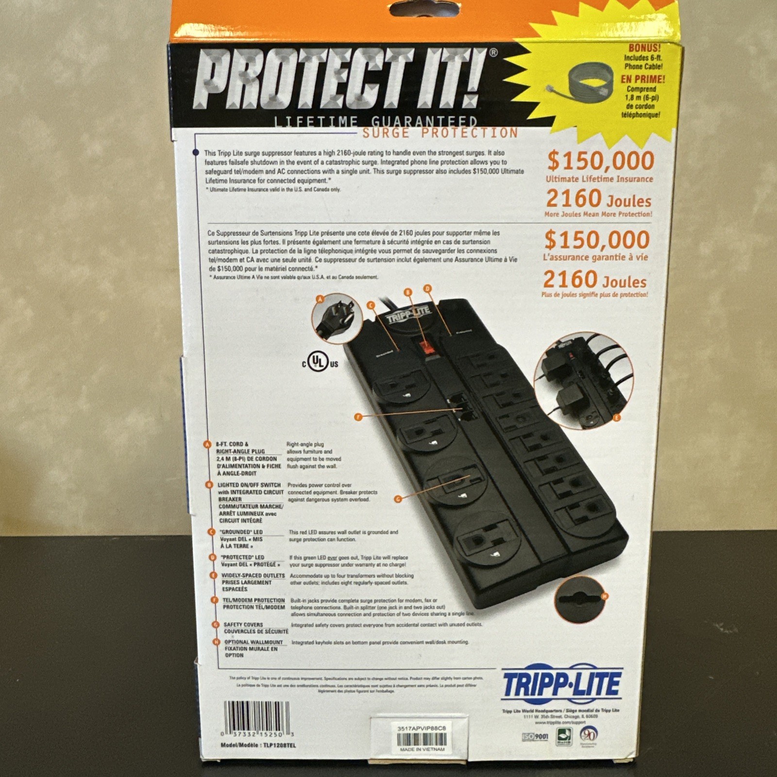 Tripp Lite Power Outlet Strip 12 Outlets 120 VAC15 Amps 8ft Cord TLP1208TEL
