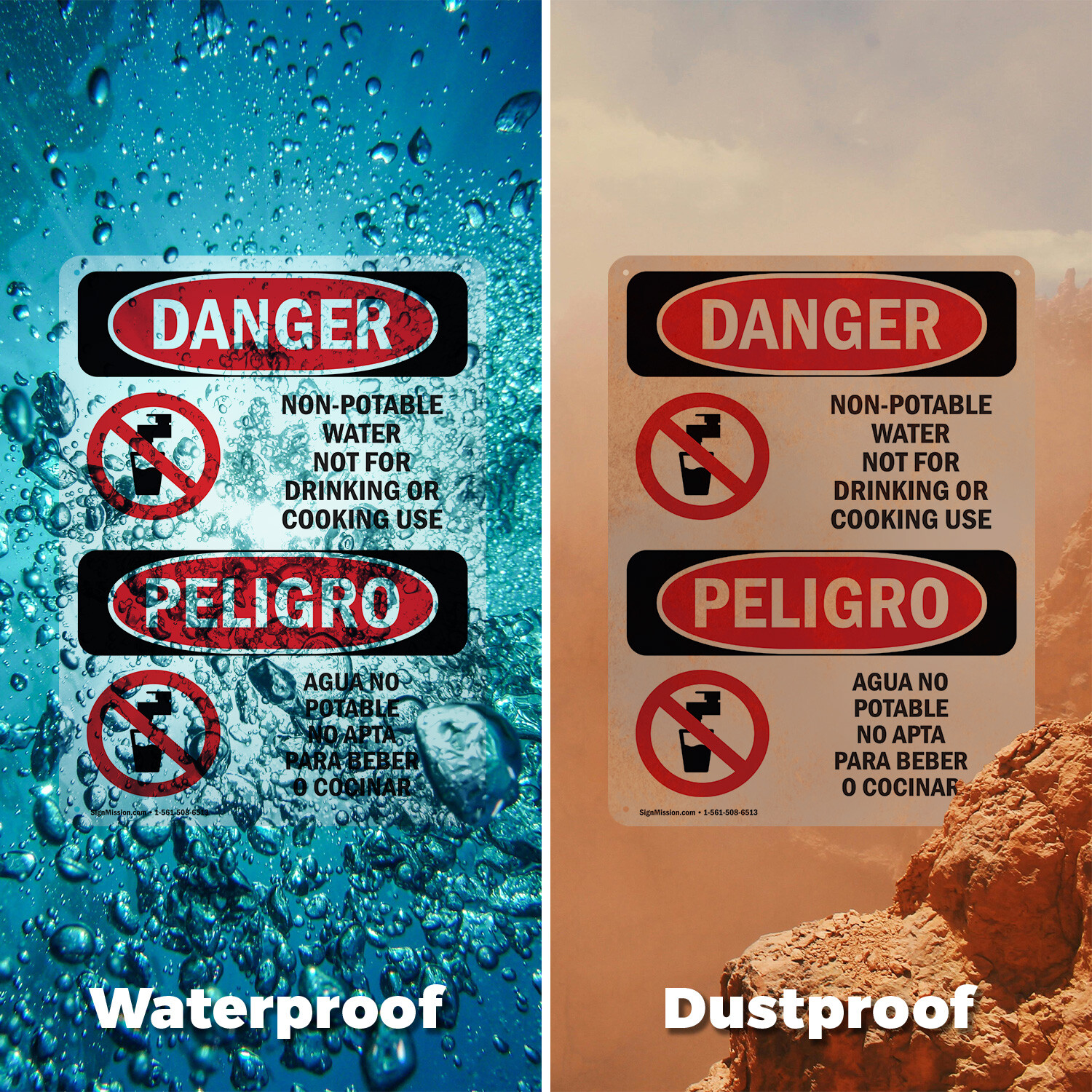 (2 Pack) Non-Potable Water No Drinking Bilingual OSHA Danger Sign Decal Metal