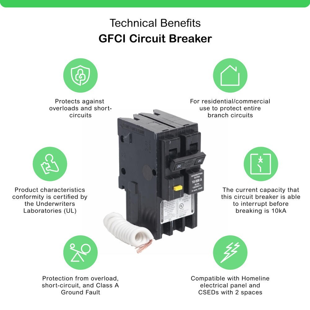 20 Amp 120/240 VAC 2 Pole Plug On GFCI Circuit Breaker Overload Protection